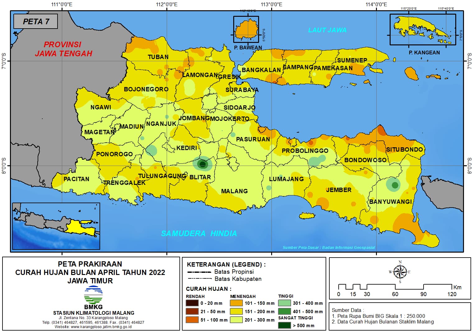 ( Prakiraan - Bulanan ) Curah Hujan Bulan APRIL Tahun 2022 - Update dari Analisis Bulan Januari Tahun 2022 di Provinsi Jawa Timur