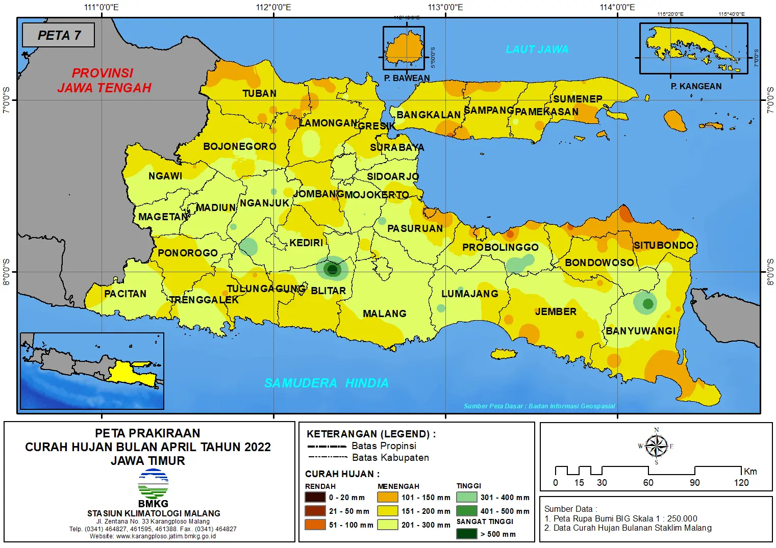 ( Prakiraan - Bulanan ) Curah Hujan Bulan APRIL Tahun 2022 - Update dari Analisis Bulan Januari Tahun 2022 di Provinsi Jawa Timur