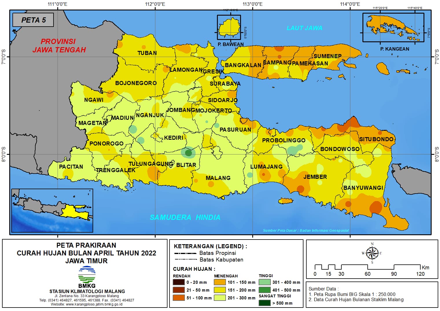 ( Prakiraan - Bulanan ) Curah Hujan Bulan APRIL Tahun 2022 - Update dari Analisis Bulan Februari Tahun 2022 di Provinsi Jawa Timur