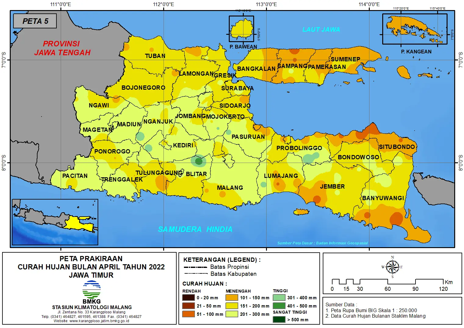 ( Prakiraan - Bulanan ) Curah Hujan Bulan APRIL Tahun 2022 - Update dari Analisis Bulan Februari Tahun 2022 di Provinsi Jawa Timur