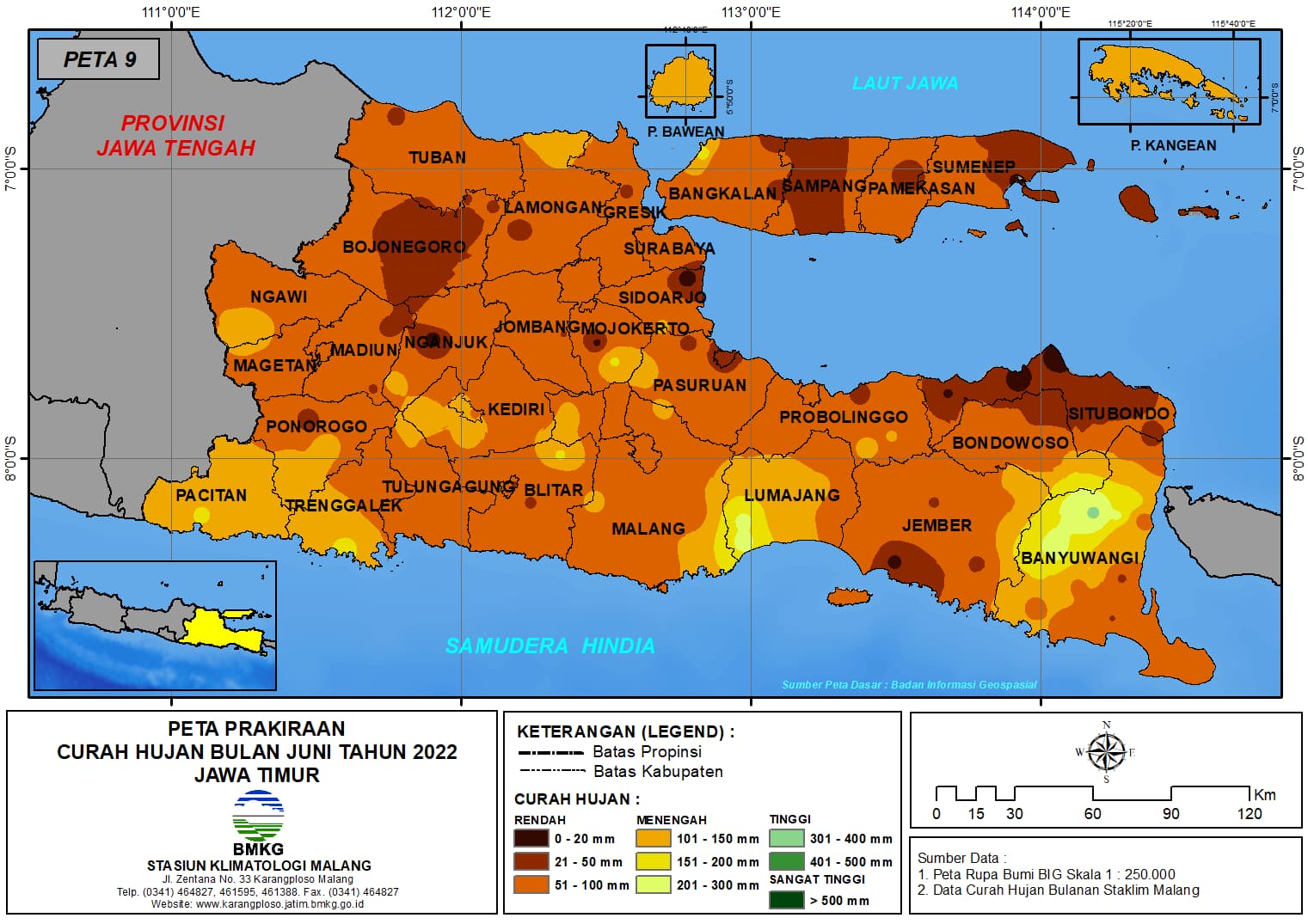 ( Prakiraan - Bulanan ) Curah Hujan Bulan JUNI Tahun 2022 - Update dari Analisis Bulan Februari Tahun 2022 di Provinsi Jawa Timur