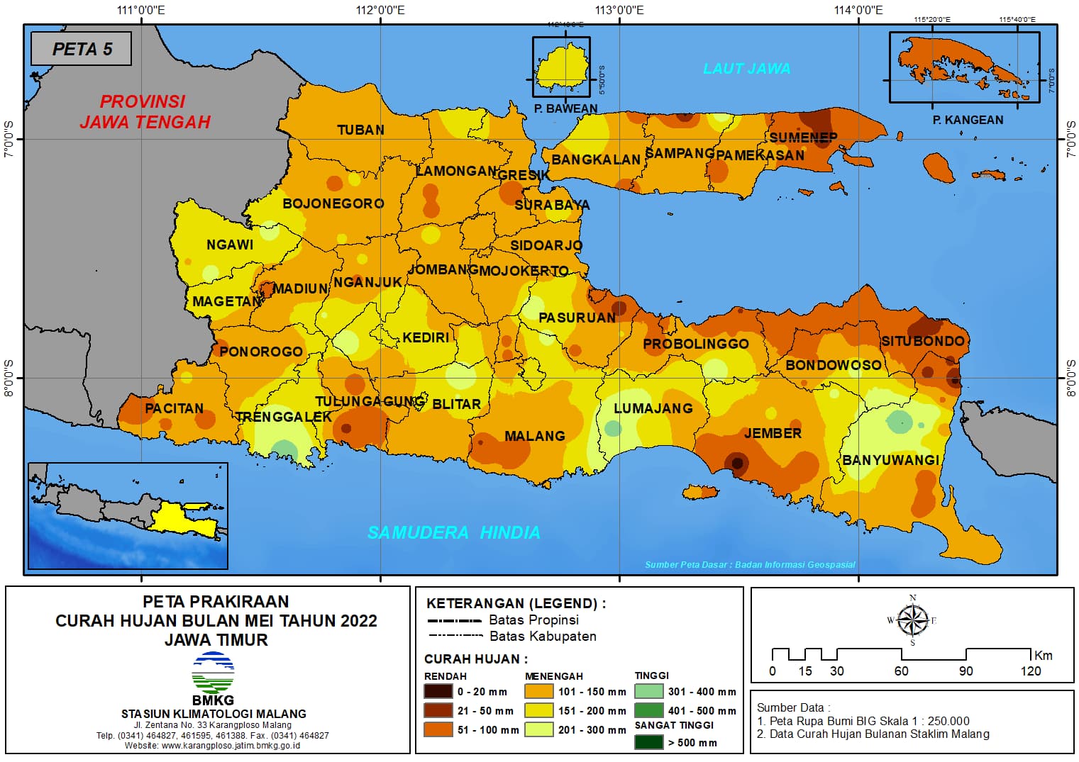 ( Prakiraan - Bulanan ) Curah Hujan Bulan MEI Tahun 2022 - Update dari Analisis Bulan Maret Tahun 2022 di Provinsi Jawa Timur