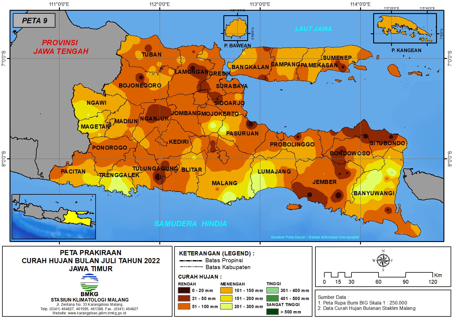 ( Prakiraan - Bulanan ) Curah Hujan Bulan JULI Tahun 2022 - Update dari Analisis Bulan Maret Tahun 2022 di Provinsi Jawa Timur