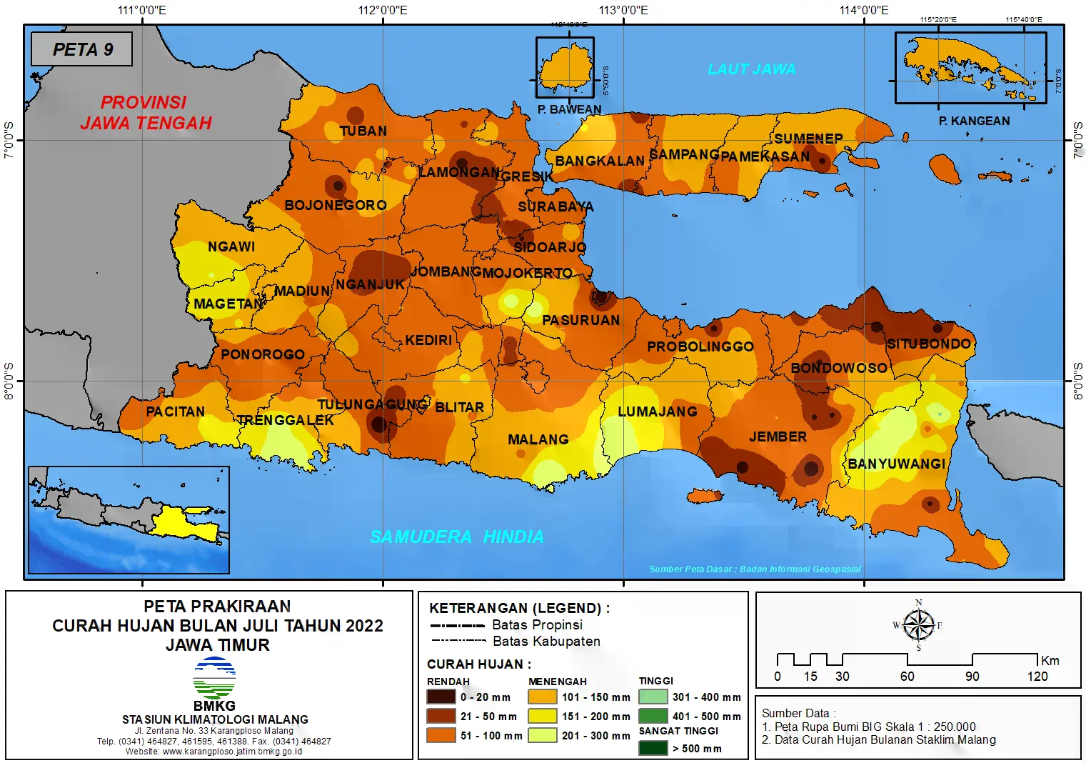 ( Prakiraan - Bulanan ) Curah Hujan Bulan JULI Tahun 2022 - Update dari Analisis Bulan Maret Tahun 2022 di Provinsi Jawa Timur