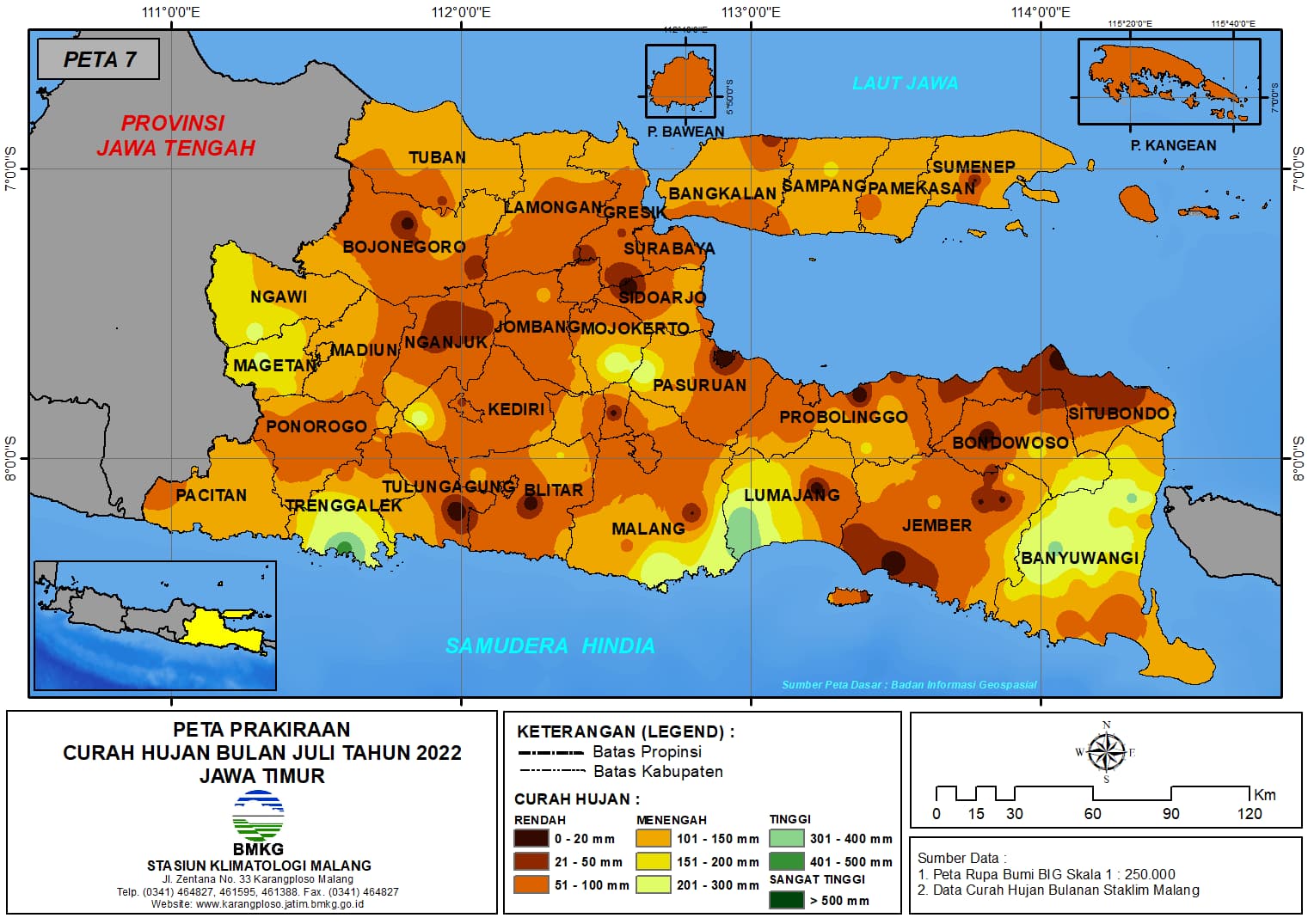 ( Prakiraan - Bulanan ) Curah Hujan Bulan JULI Tahun 2022 - Update dari Analisis Bulan April Tahun 2022 di Provinsi Jawa Timur