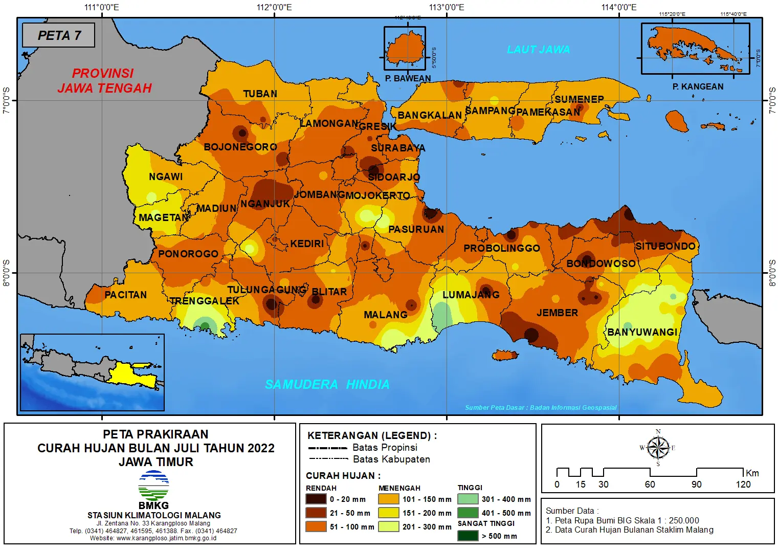 ( Prakiraan - Bulanan ) Curah Hujan Bulan JULI Tahun 2022 - Update dari Analisis Bulan April Tahun 2022 di Provinsi Jawa Timur