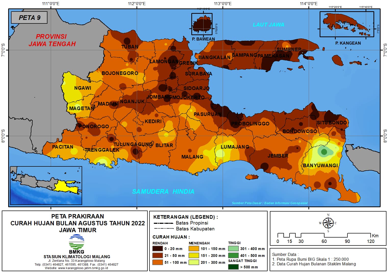 ( Prakiraan - Bulanan ) Curah Hujan Bulan AGUSTUS Tahun 2022 - Update dari Analisis Bulan April Tahun 2022 di Provinsi Jawa Timur