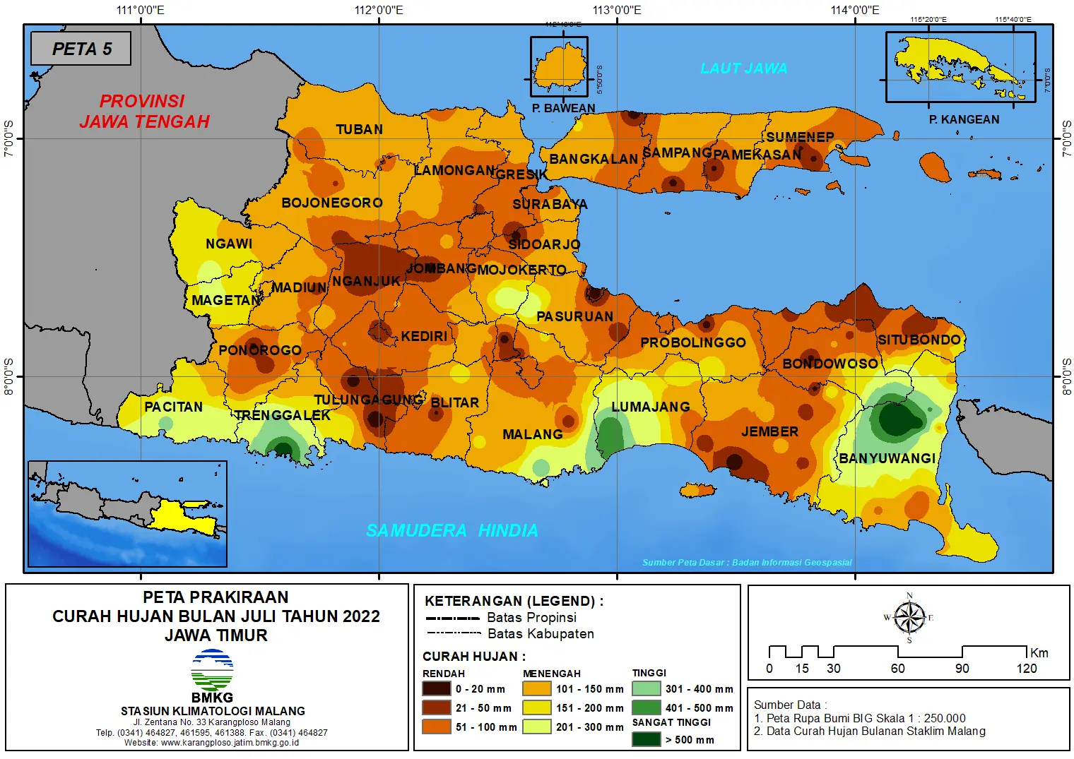 ( Prakiraan - Bulanan ) Curah Hujan Bulan JULI Tahun 2022 - Update dari Analisis Bulan Mei Tahun 2022 di Provinsi Jawa Timur