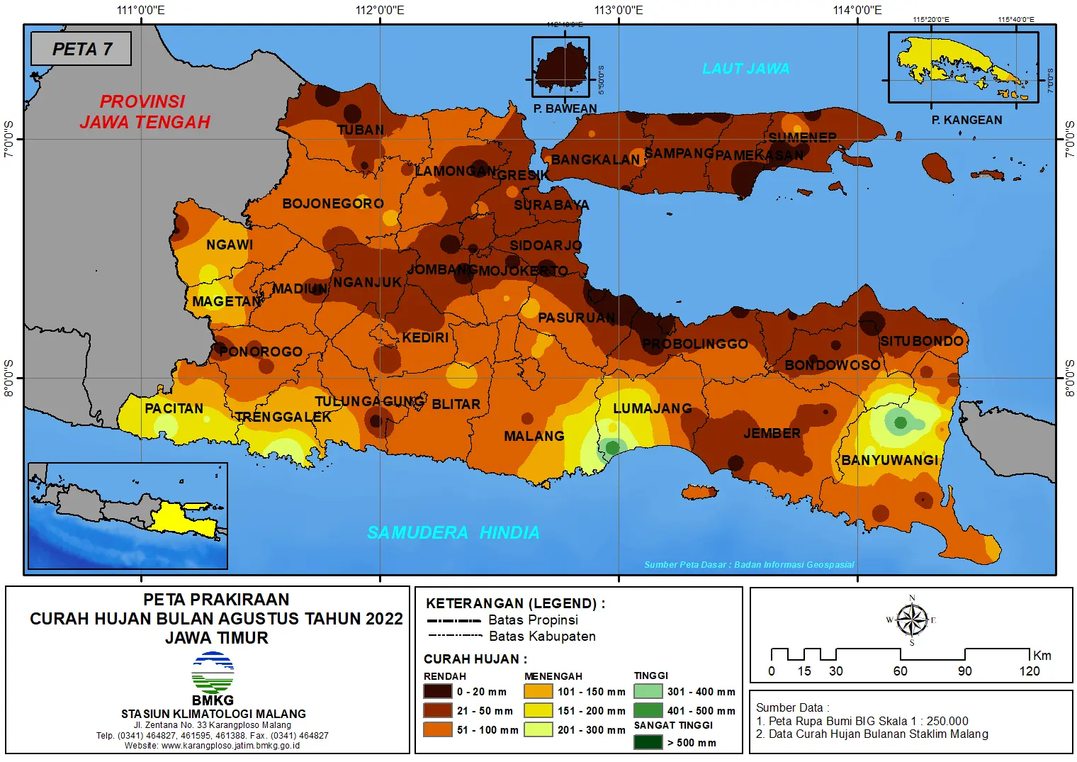 ( Prakiraan - Bulanan ) Curah Hujan Bulan AGUSTUS Tahun 2022 - Update dari Analisis Bulan Mei Tahun 2022 di Provinsi Jawa Timur