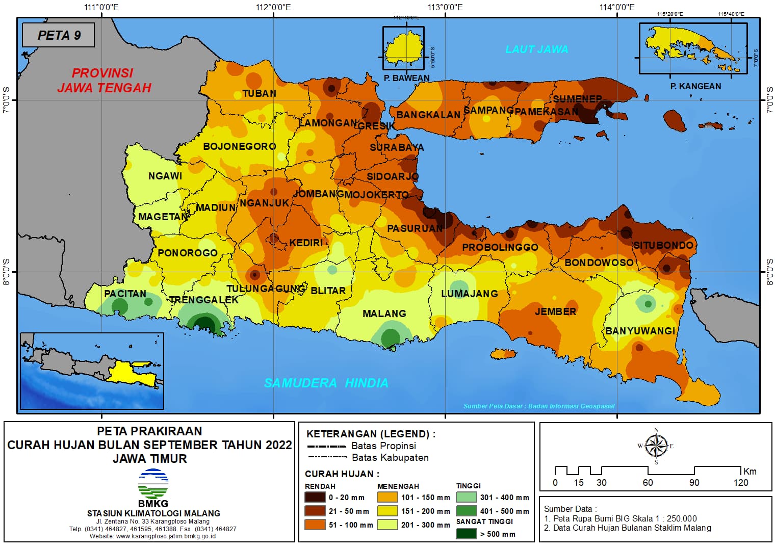 ( Prakiraan - Bulanan ) Curah Hujan Bulan SEPTEMBER Tahun 2022 - Update dari Analisis Bulan Mei Tahun 2022 di Provinsi Jawa Timur