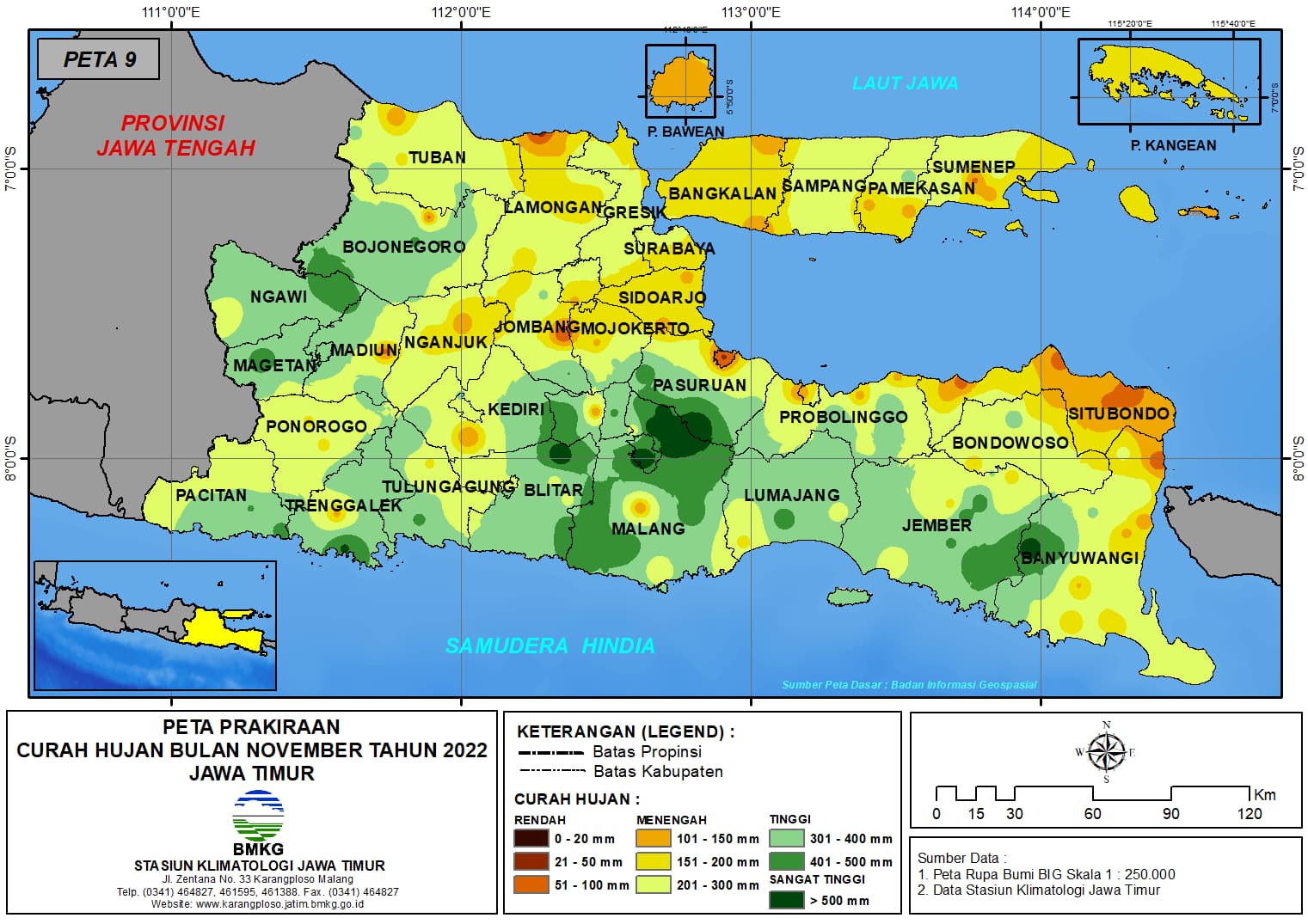 ( Prakiraan - Bulanan ) Curah Hujan Bulan NOVEMBER Tahun 2022 - Update dari Analisis Bulan Juli Tahun 2022 di Provinsi Jawa Timur