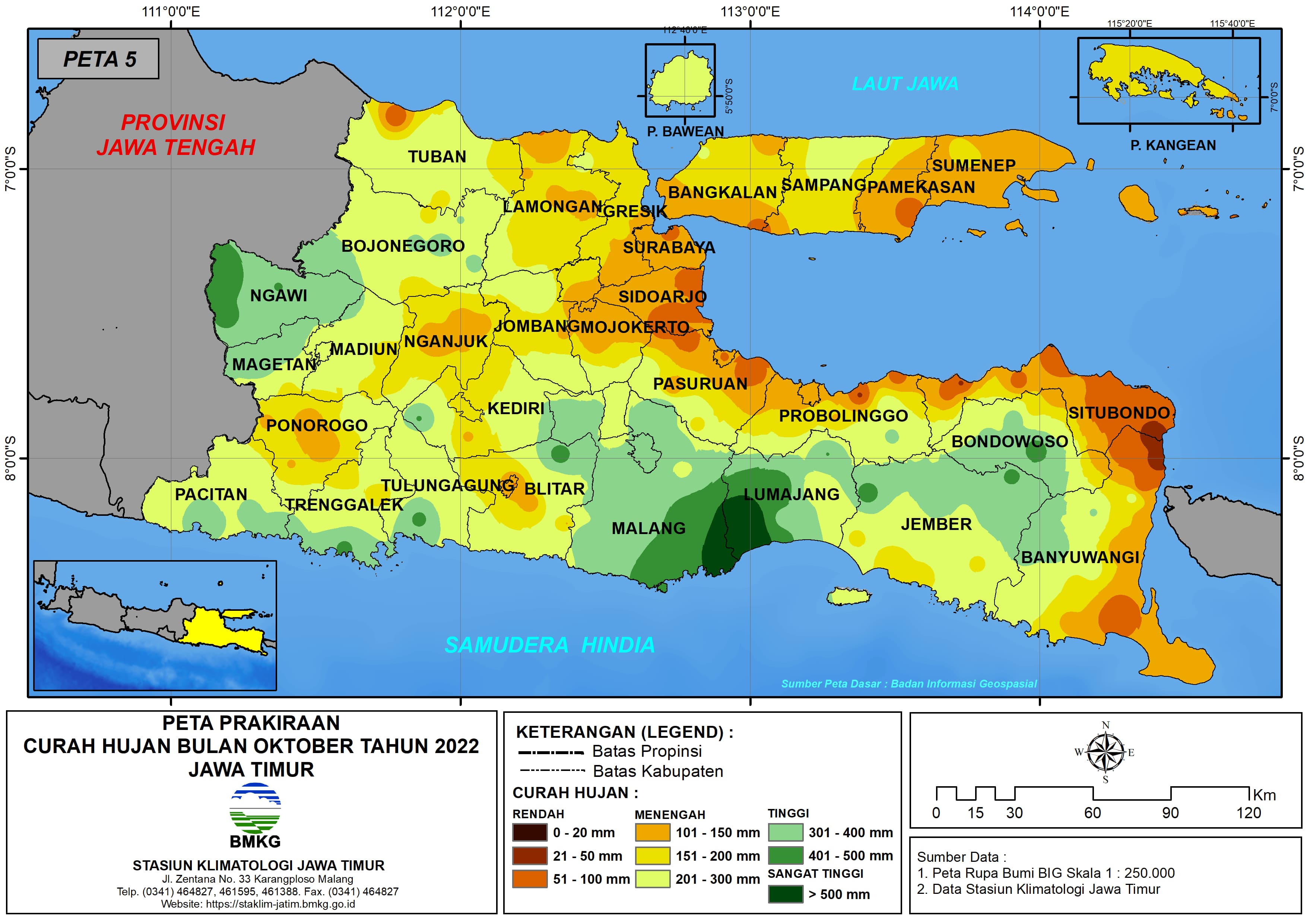 ( Prakiraan - Bulanan ) Curah Hujan Bulan OKTOBER Tahun 2022 - Update dari Analisis Bulan Agustus Tahun 2022 di Provinsi Jawa Timur