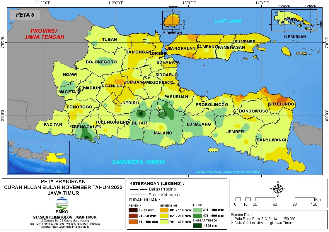 ( Prakiraan - Bulanan ) Curah Hujan Bulan NOVEMBER Tahun 2022 - Update dari Analisis Bulan September Tahun 2022 di Provinsi Jawa Timur