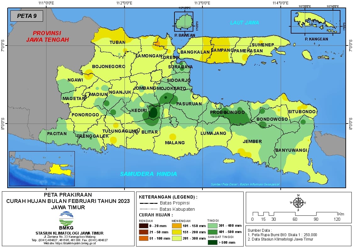 ( Prakiraan - Bulanan ) Curah Hujan Bulan FEBRUARI Tahun 2023 - Update dari Analisis Bulan Oktober Tahun 2022 di Provinsi Jawa Timur