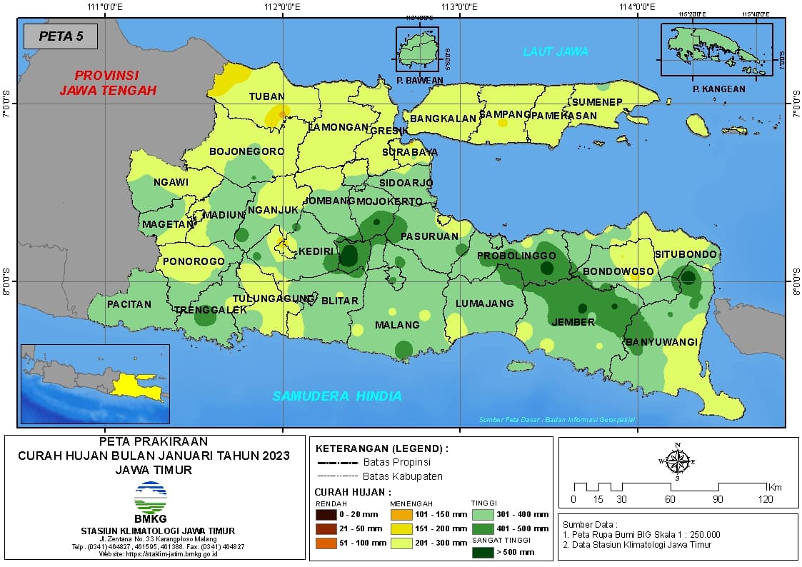 ( Prakiraan - Bulanan ) Curah Hujan Bulan JANUARI Tahun 2023 - Update dari Analisis Bulan November Tahun 2022 di Provinsi Jawa Timur