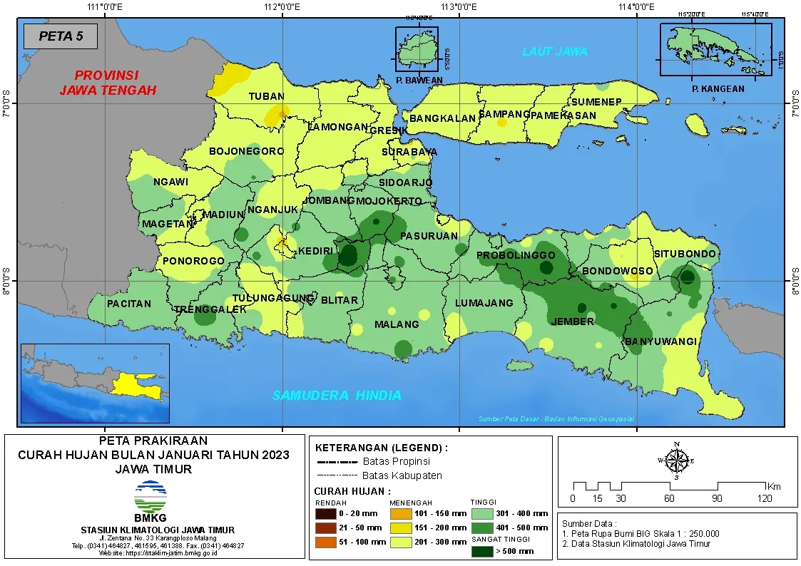 ( Prakiraan - Bulanan ) Curah Hujan Bulan JANUARI Tahun 2023 - Update dari Analisis Bulan November Tahun 2022 di Provinsi Jawa Timur