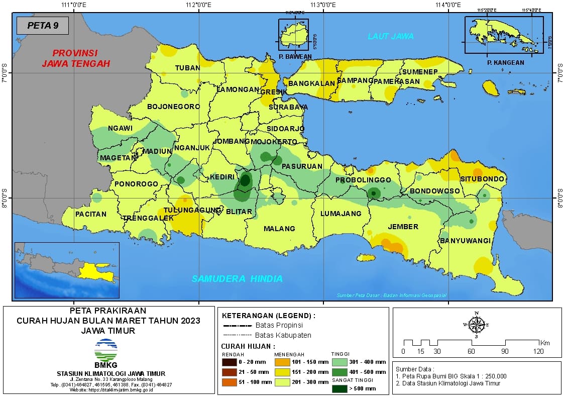 ( Prakiraan - Bulanan ) Curah Hujan Bulan MARET Tahun 2023 - Update dari Analisis Bulan November Tahun 2022 di Provinsi Jawa Timur