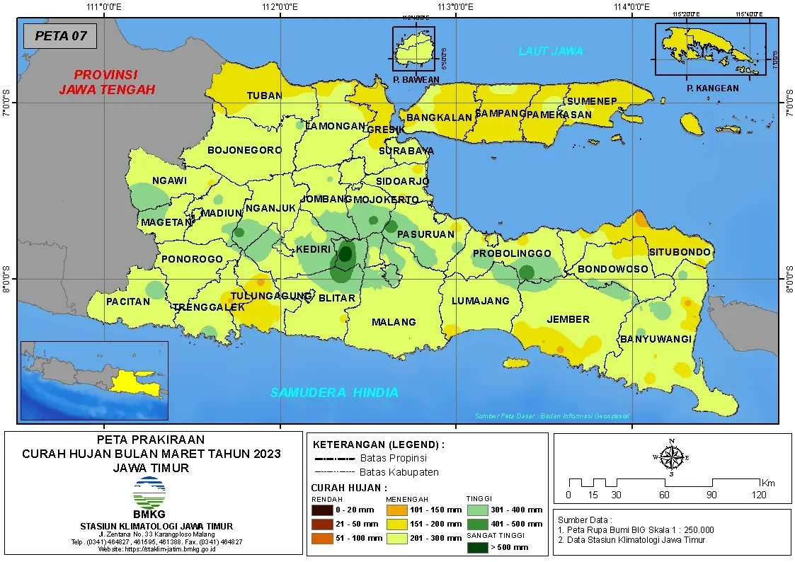 ( Prakiraan - Bulanan ) Curah Hujan Bulan MARET Tahun 2023 - Update dari Analisis Bulan Desember Tahun 2022 di Provinsi Jawa Timur