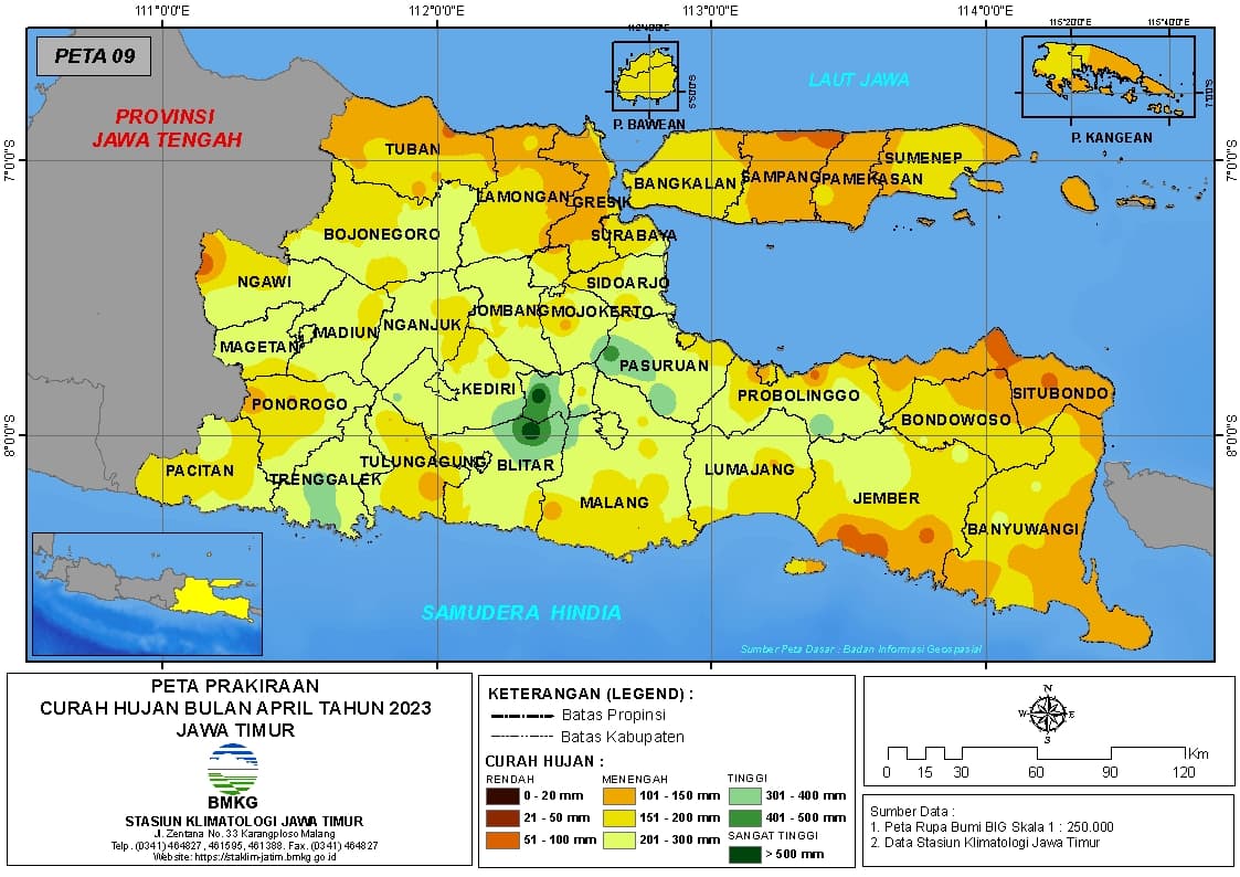 ( Prakiraan - Bulanan ) Curah Hujan Bulan APRIL Tahun 2023 - Update dari Analisis Bulan Desember Tahun 2022 di Provinsi Jawa Timur