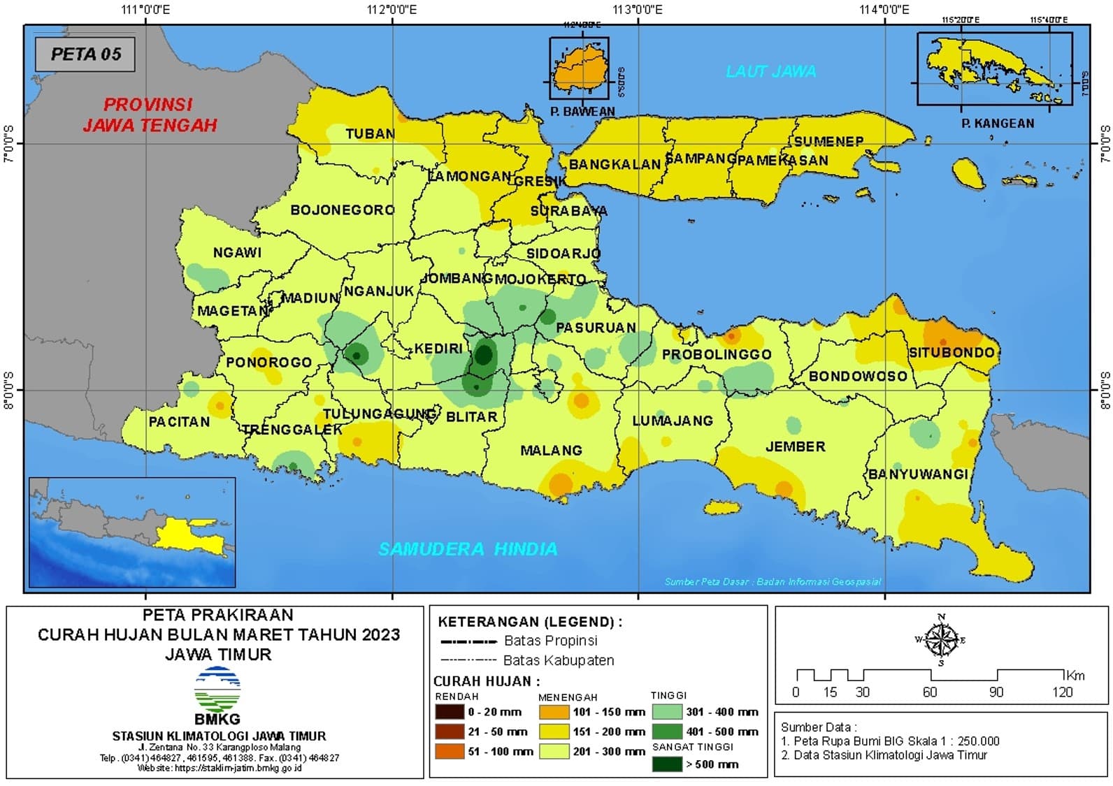 ( Prakiraan - Bulanan ) Curah Hujan Bulan MARET Tahun 2023 - Update dari Analisis Bulan Januari Tahun 2023 di Provinsi Jawa Timur