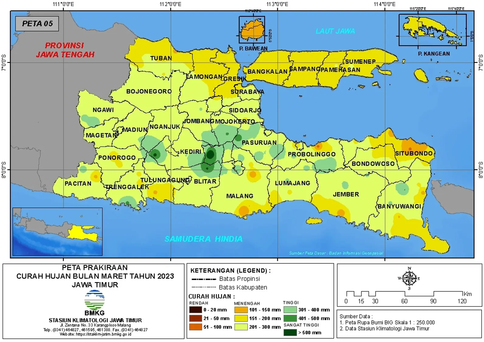 ( Prakiraan - Bulanan ) Curah Hujan Bulan MARET Tahun 2023 - Update dari Analisis Bulan Januari Tahun 2023 di Provinsi Jawa Timur