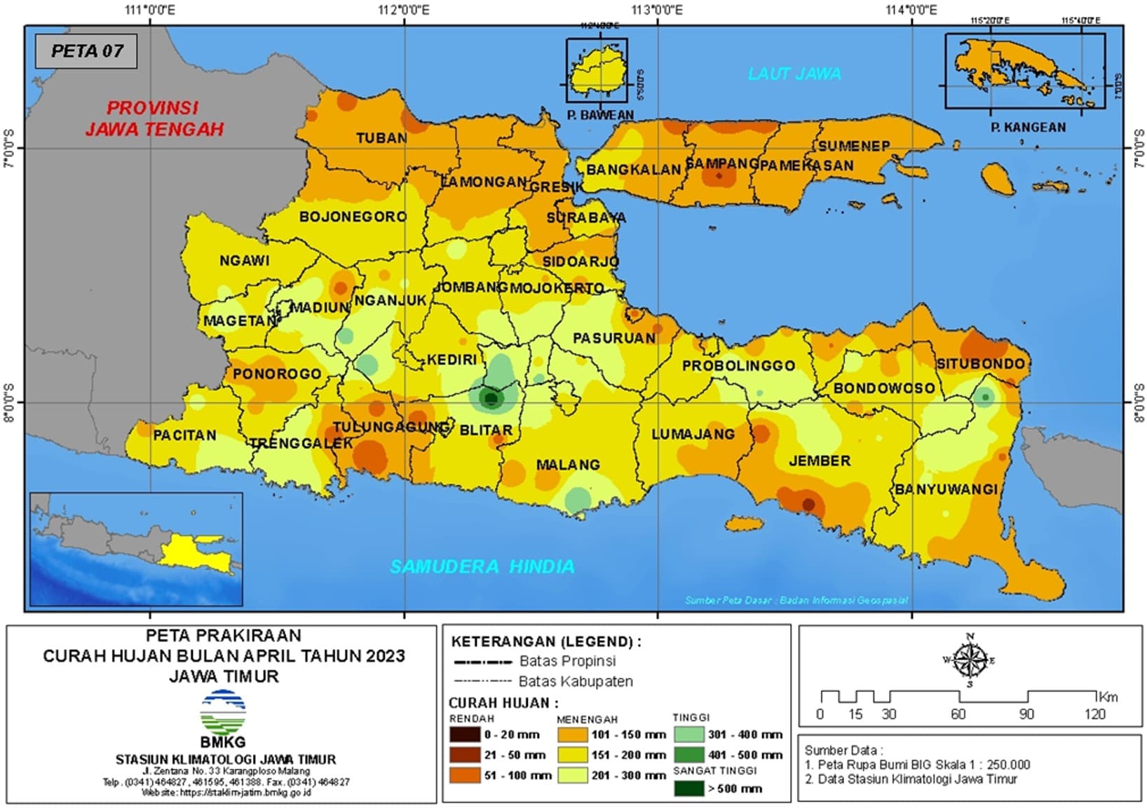 ( Prakiraan - Bulanan ) Curah Hujan Bulan APRIL Tahun 2023 - Update dari Analisis Bulan Januari Tahun 2023 di Provinsi Jawa Timur