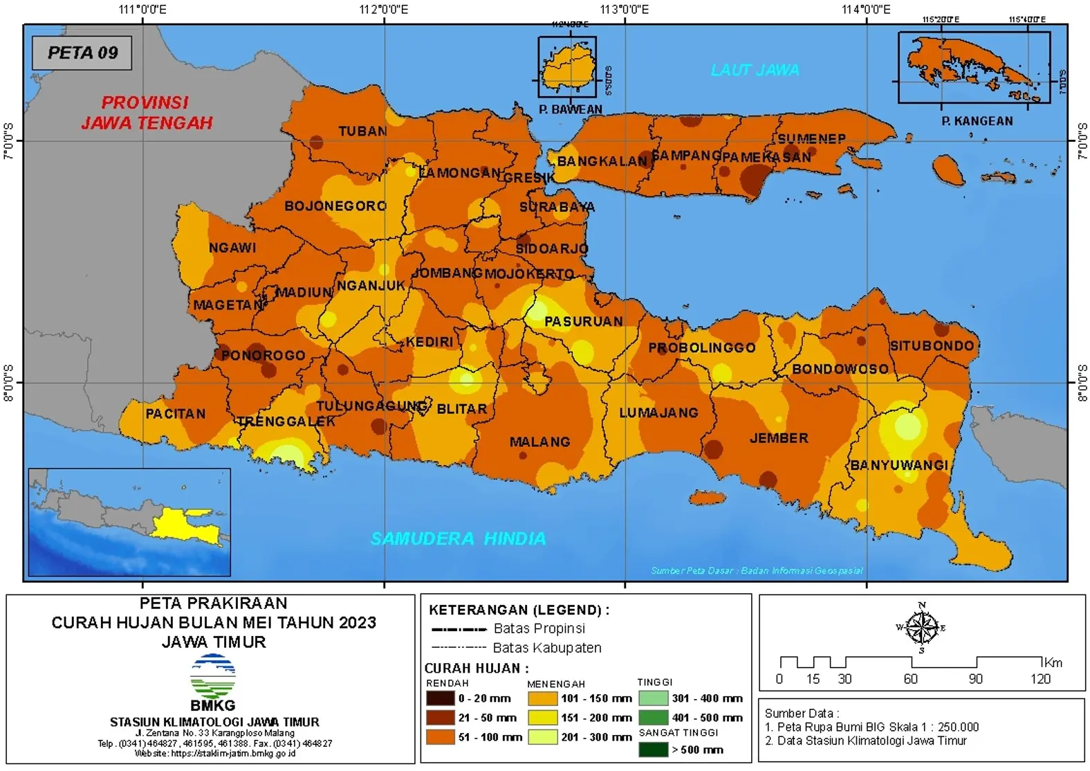 ( Prakiraan - Bulanan ) Curah Hujan Bulan MEI Tahun 2023 - Update dari Analisis Bulan Januari Tahun 2023 di Provinsi Jawa Timur