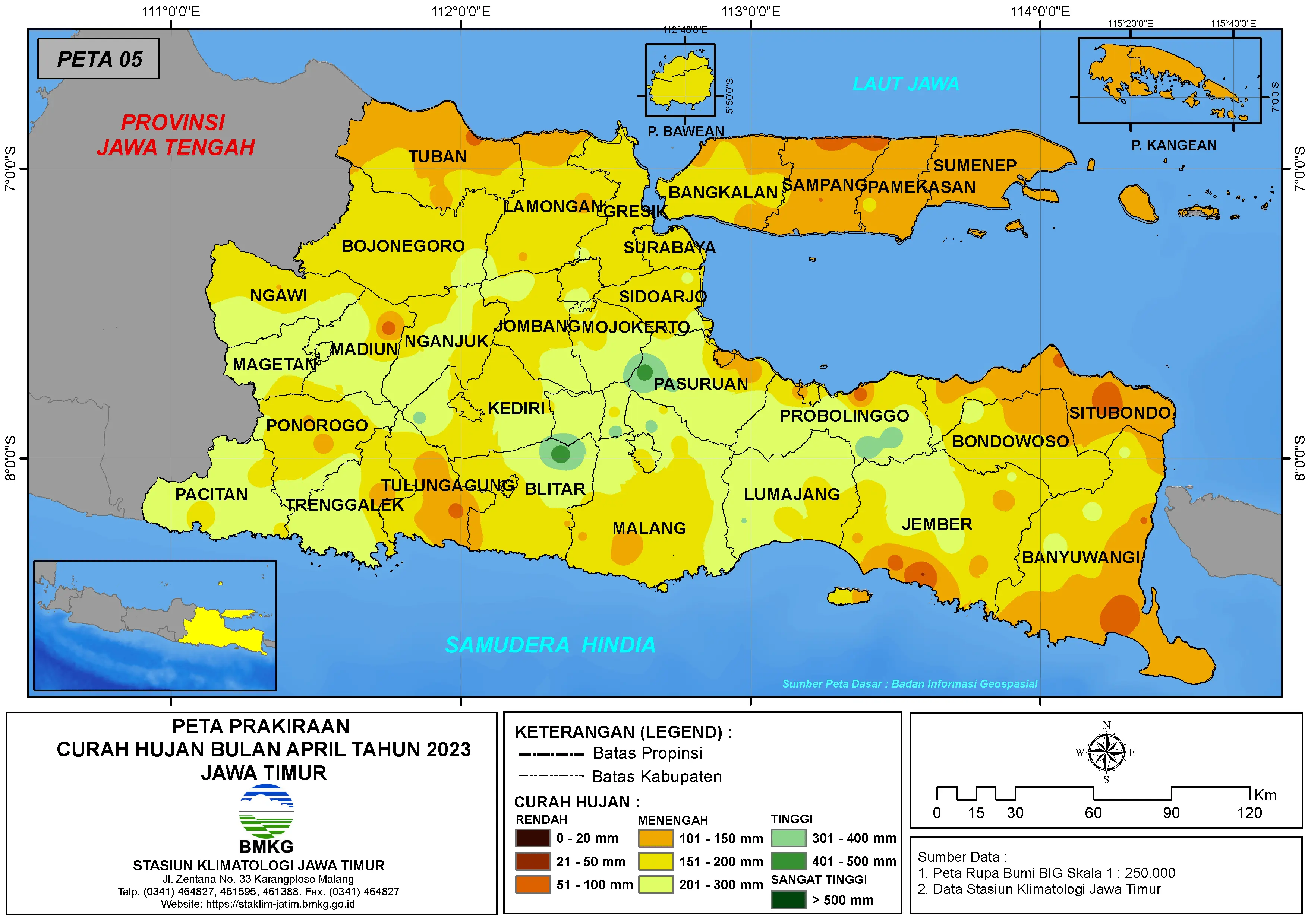 ( Prakiraan - Bulanan ) Curah Hujan Bulan APRIL Tahun 2023 - Update dari Analisis Bulan Februari Tahun 2023 di Provinsi Jawa Timur