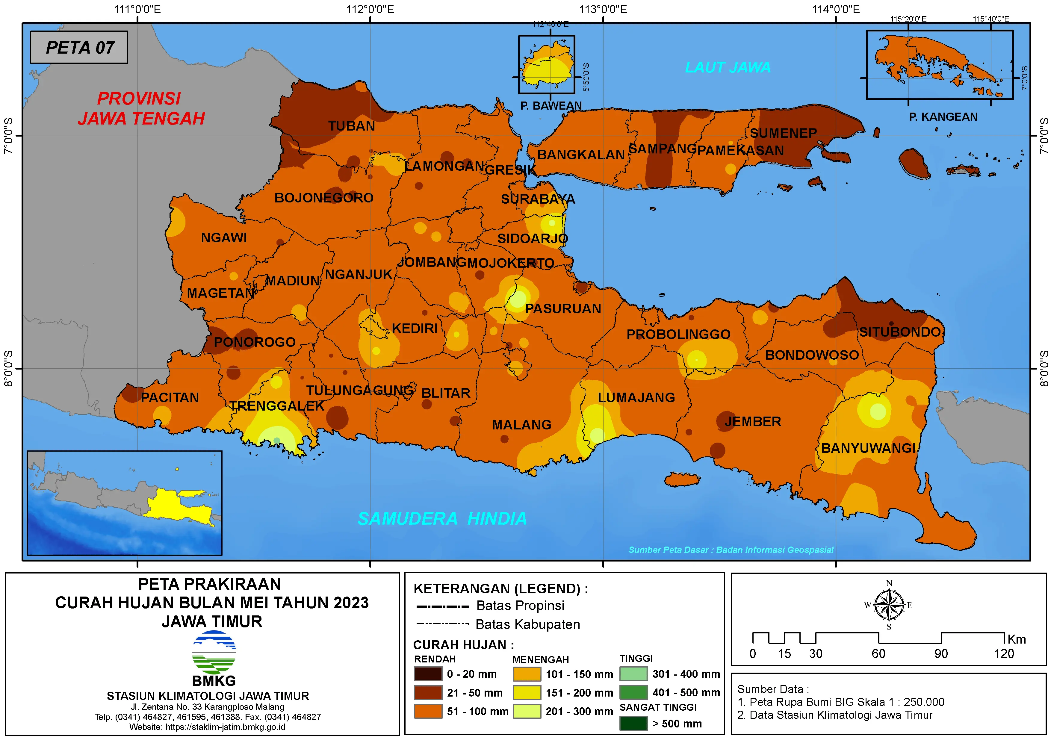 ( Prakiraan - Bulanan ) Curah Hujan Bulan MEI Tahun 2023 - Update dari Analisis Bulan Februari Tahun 2023 di Provinsi Jawa Timur
