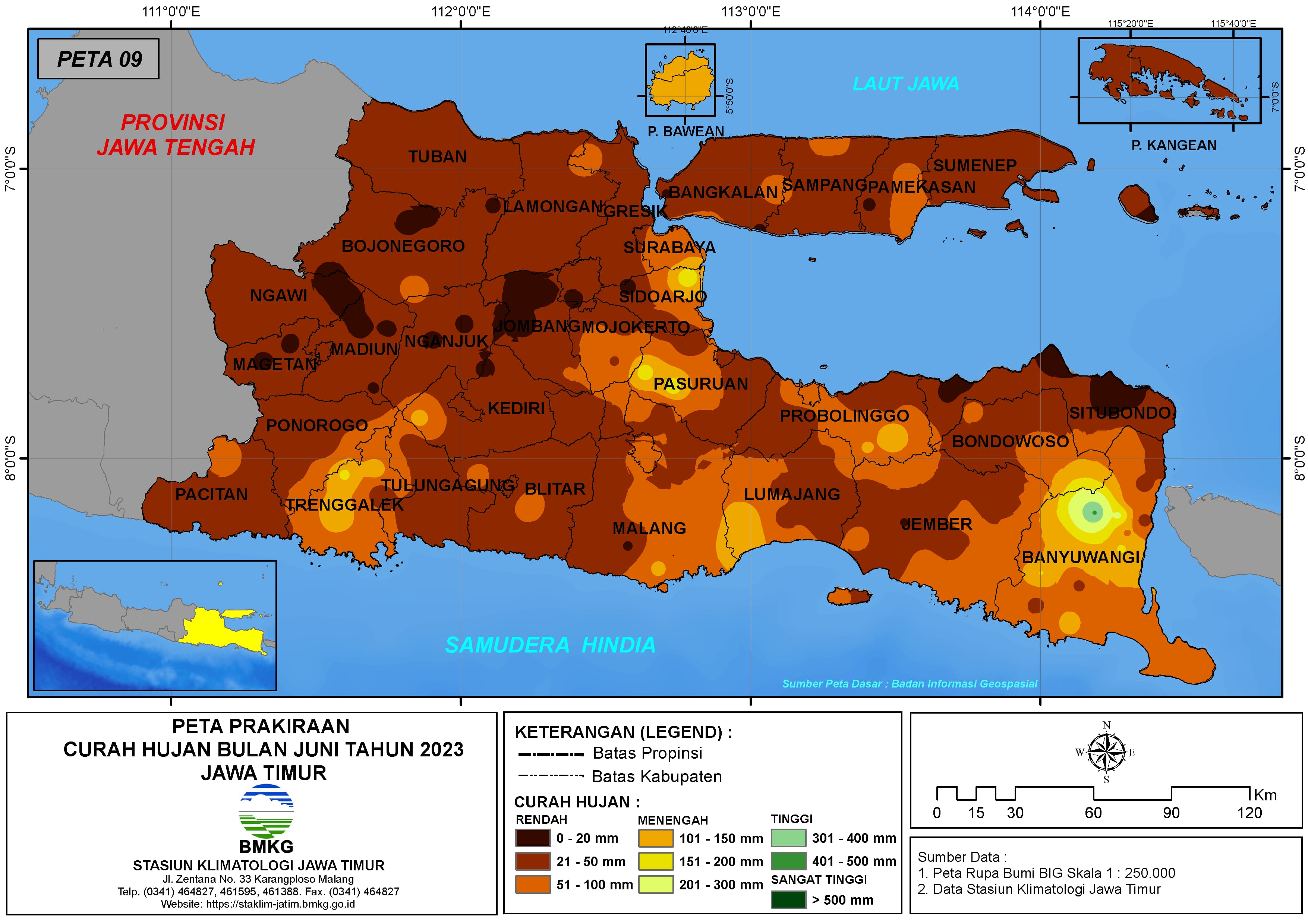 ( Prakiraan - Bulanan ) Curah Hujan Bulan JUNI Tahun 2023 - Update dari Analisis Bulan Februari Tahun 2023 di Provinsi Jawa Timur