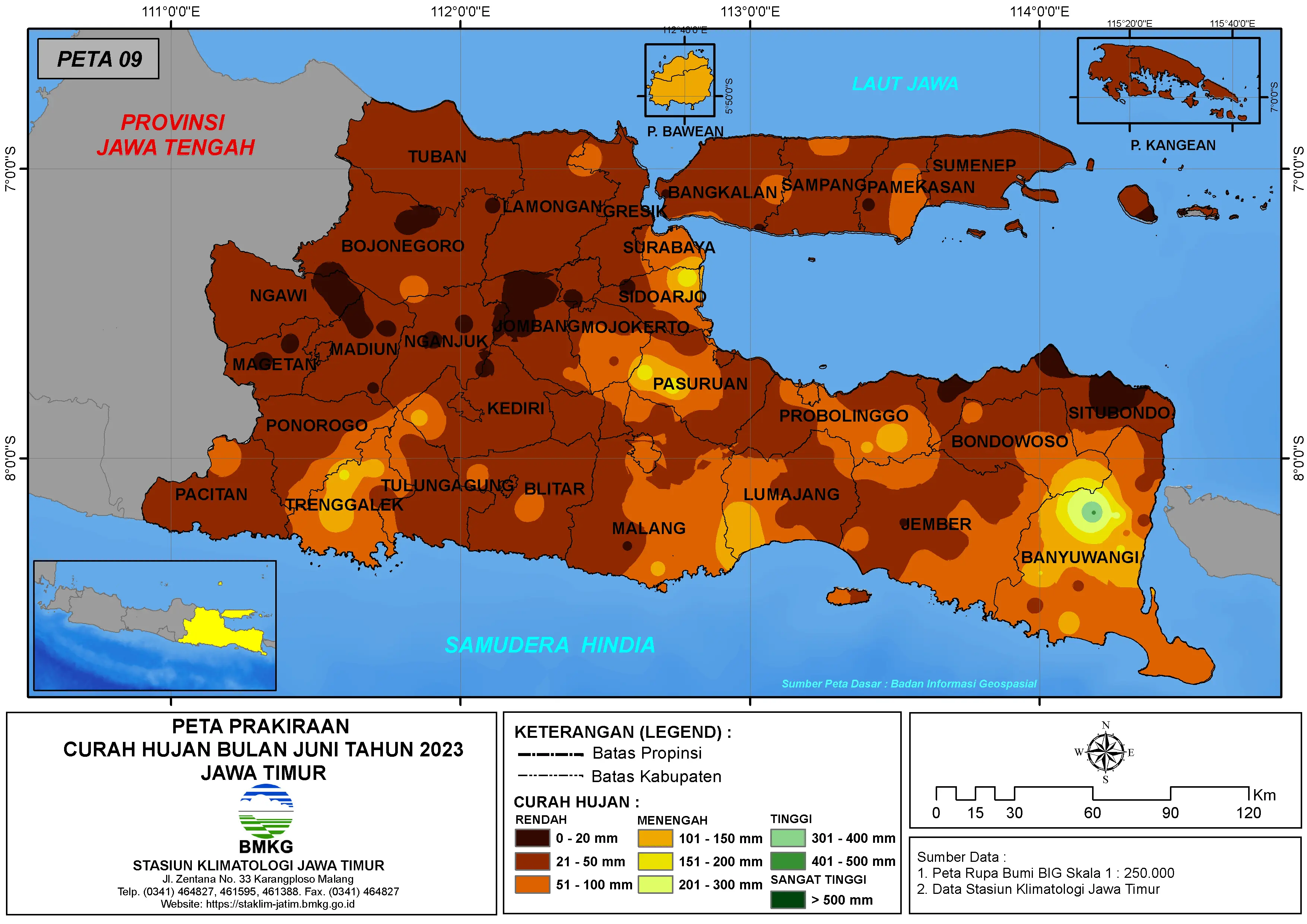 ( Prakiraan - Bulanan ) Curah Hujan Bulan JUNI Tahun 2023 - Update dari Analisis Bulan Februari Tahun 2023 di Provinsi Jawa Timur