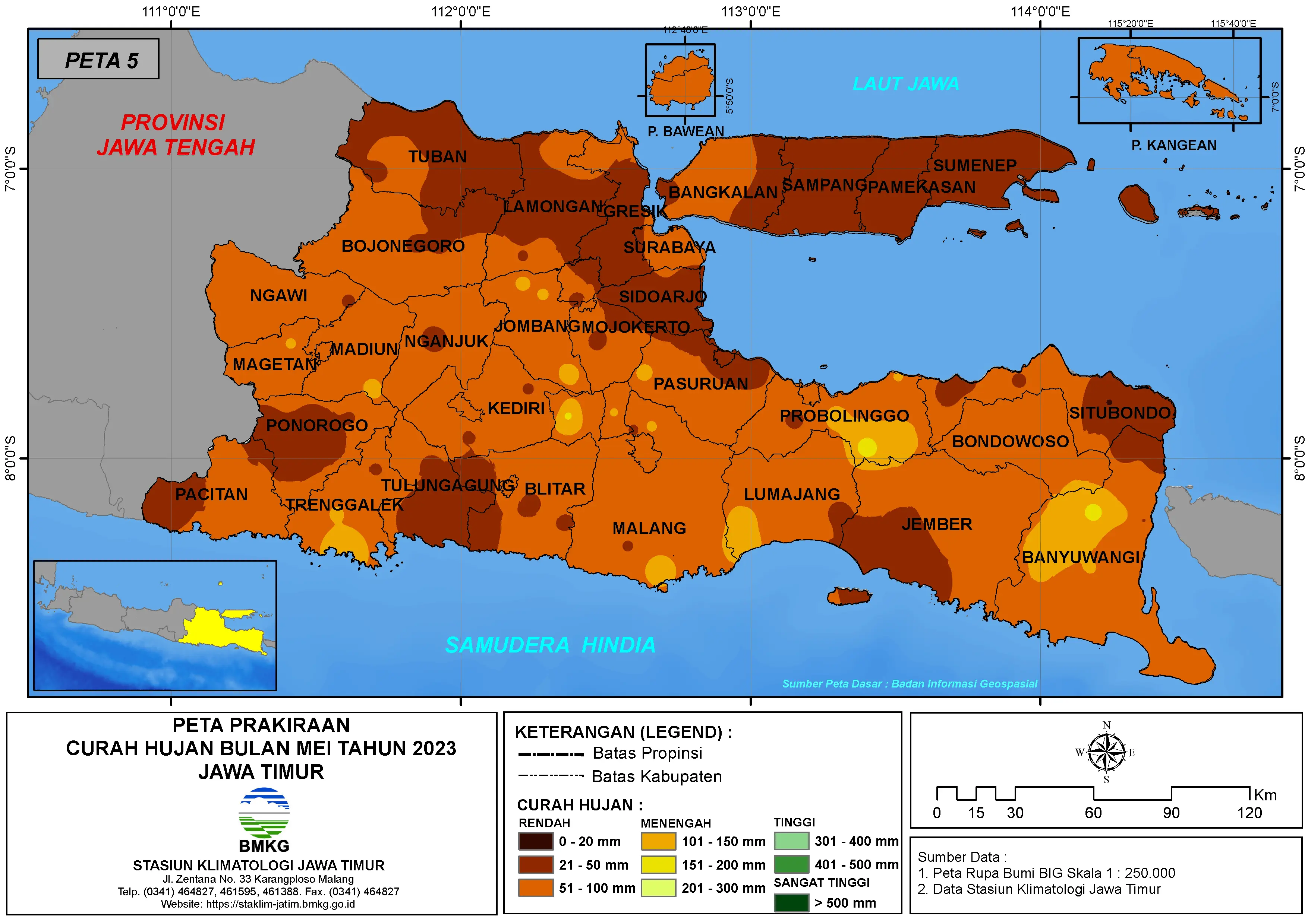 ( Prakiraan - Bulanan ) Curah Hujan Bulan MEI Tahun 2023 - Update dari Analisis Bulan Maret Tahun 2023 di Provinsi Jawa Timur