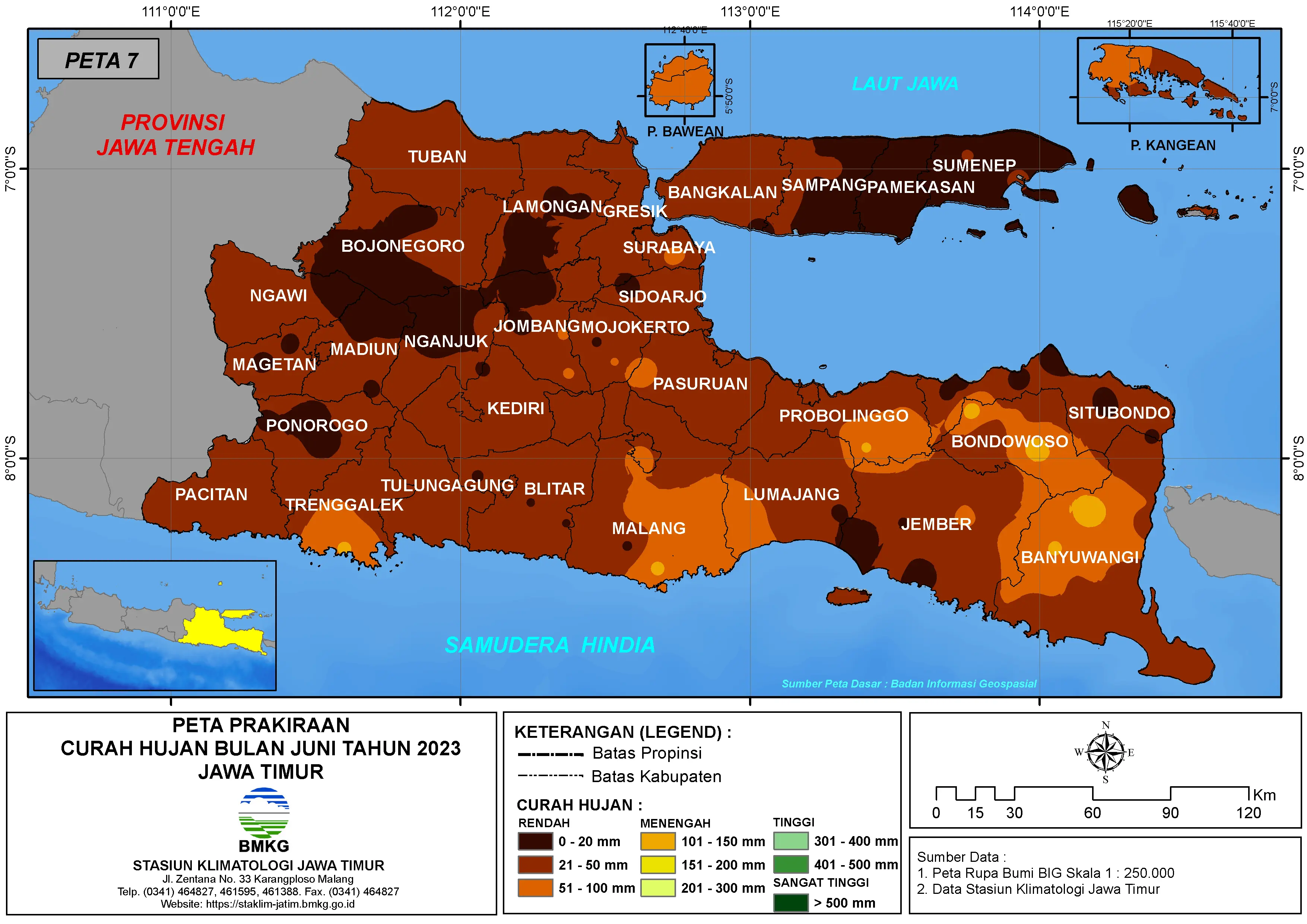 ( Prakiraan - Bulanan ) Curah Hujan Bulan JUNI Tahun 2023 - Update dari Analisis Bulan Maret Tahun 2023 di Provinsi Jawa Timur