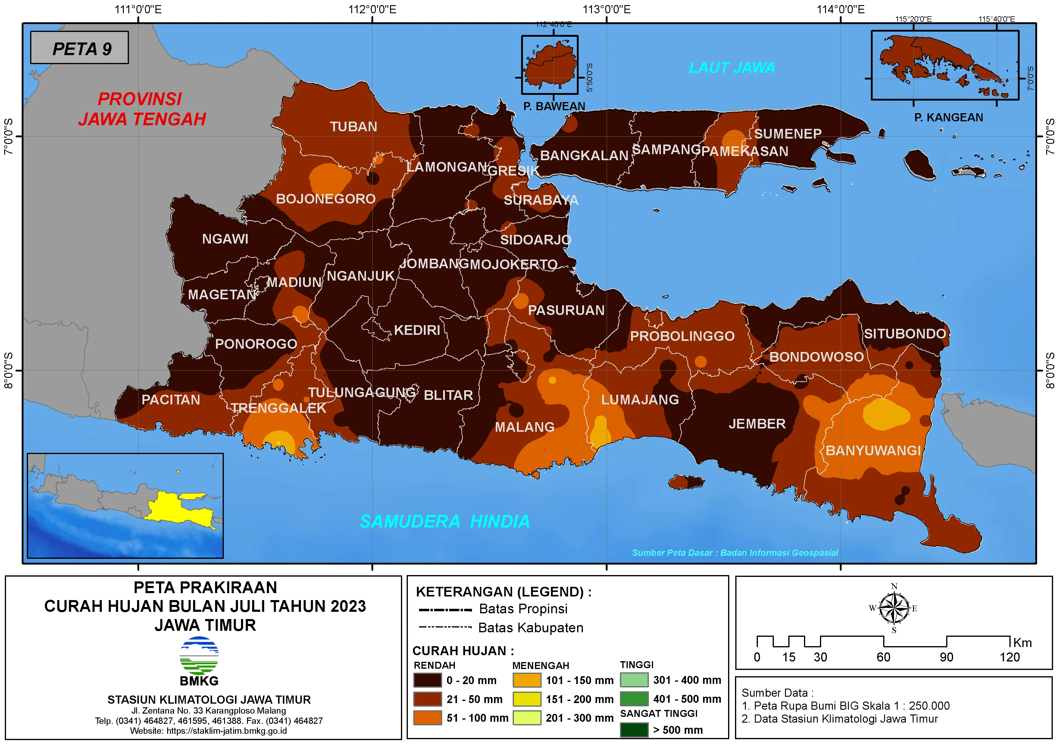 ( Prakiraan - Bulanan ) Curah Hujan Bulan JULI Tahun 2023 - Update dari Analisis Bulan Maret Tahun 2023 di Provinsi Jawa Timur