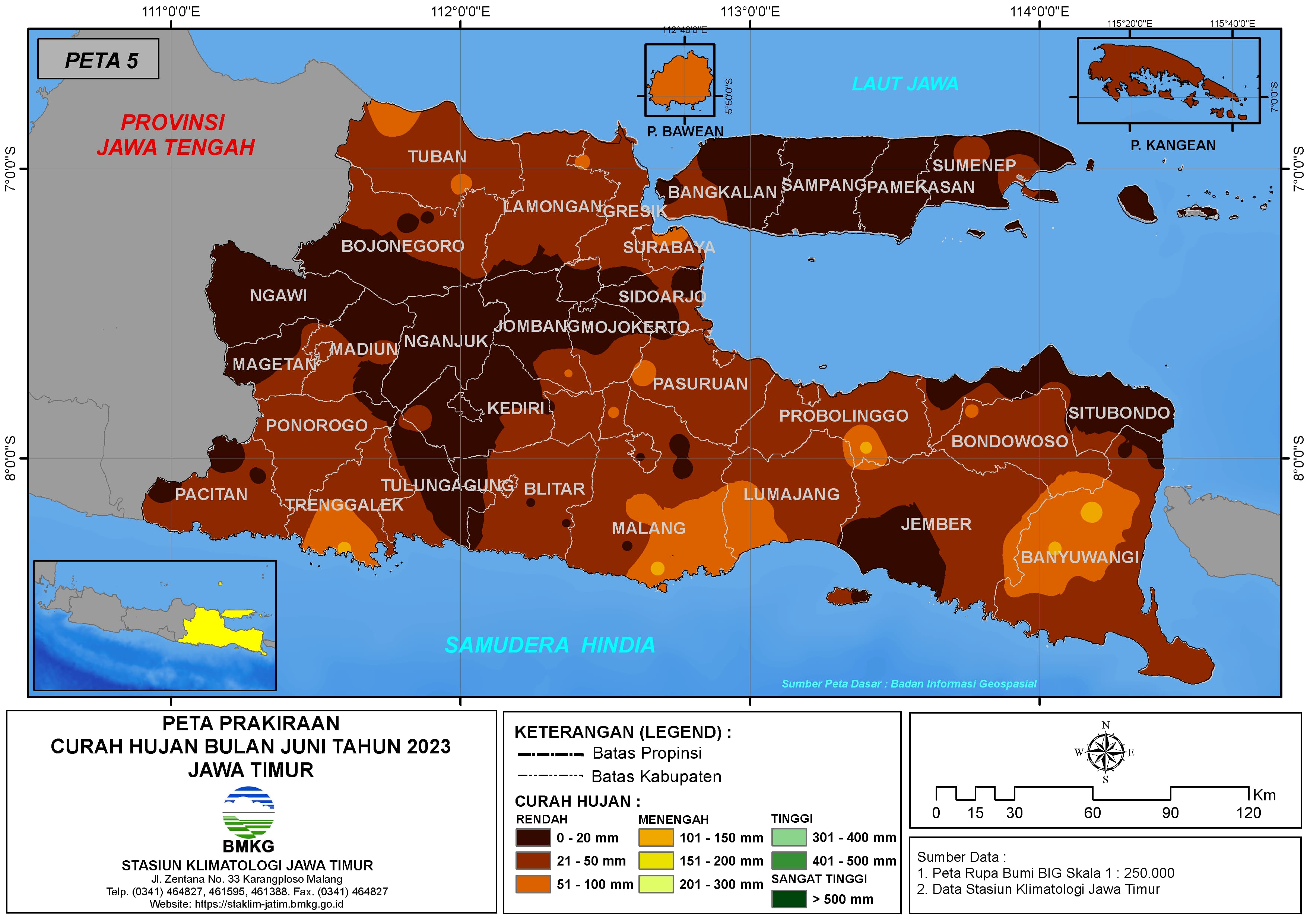 ( Prakiraan - Bulanan ) Curah Hujan Bulan JUNI Tahun 2023 - Update dari Analisis Bulan April Tahun 2023 di Provinsi Jawa Timur