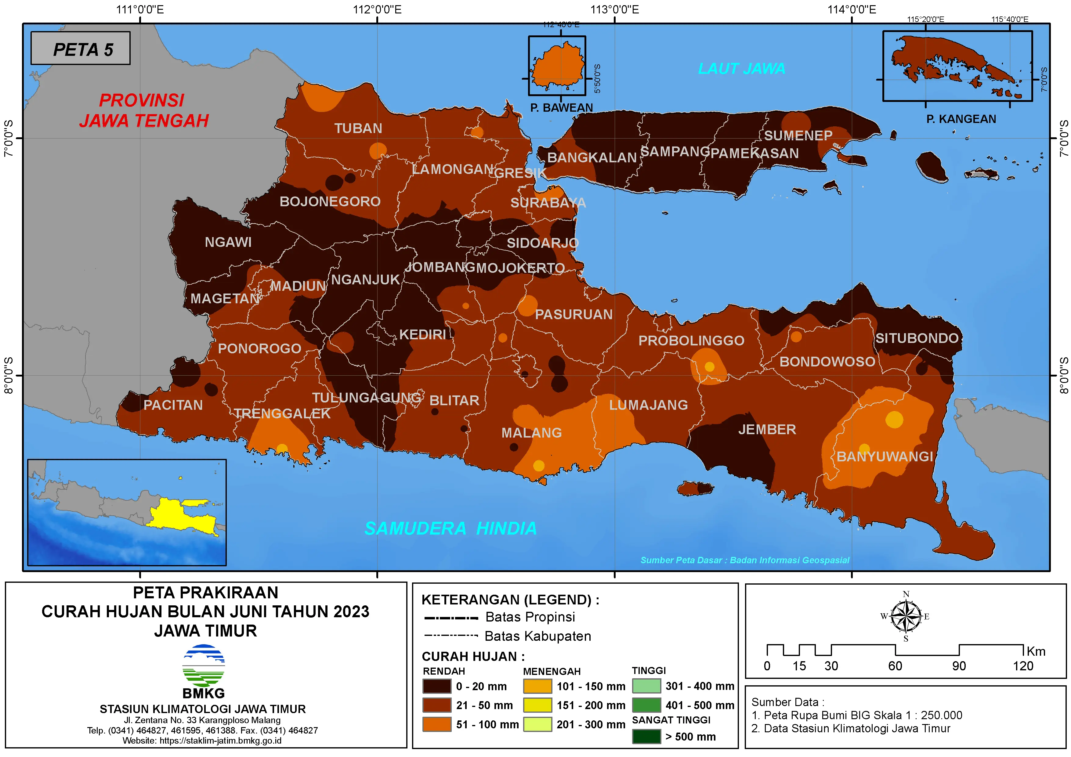 ( Prakiraan - Bulanan ) Curah Hujan Bulan JUNI Tahun 2023 - Update dari Analisis Bulan April Tahun 2023 di Provinsi Jawa Timur