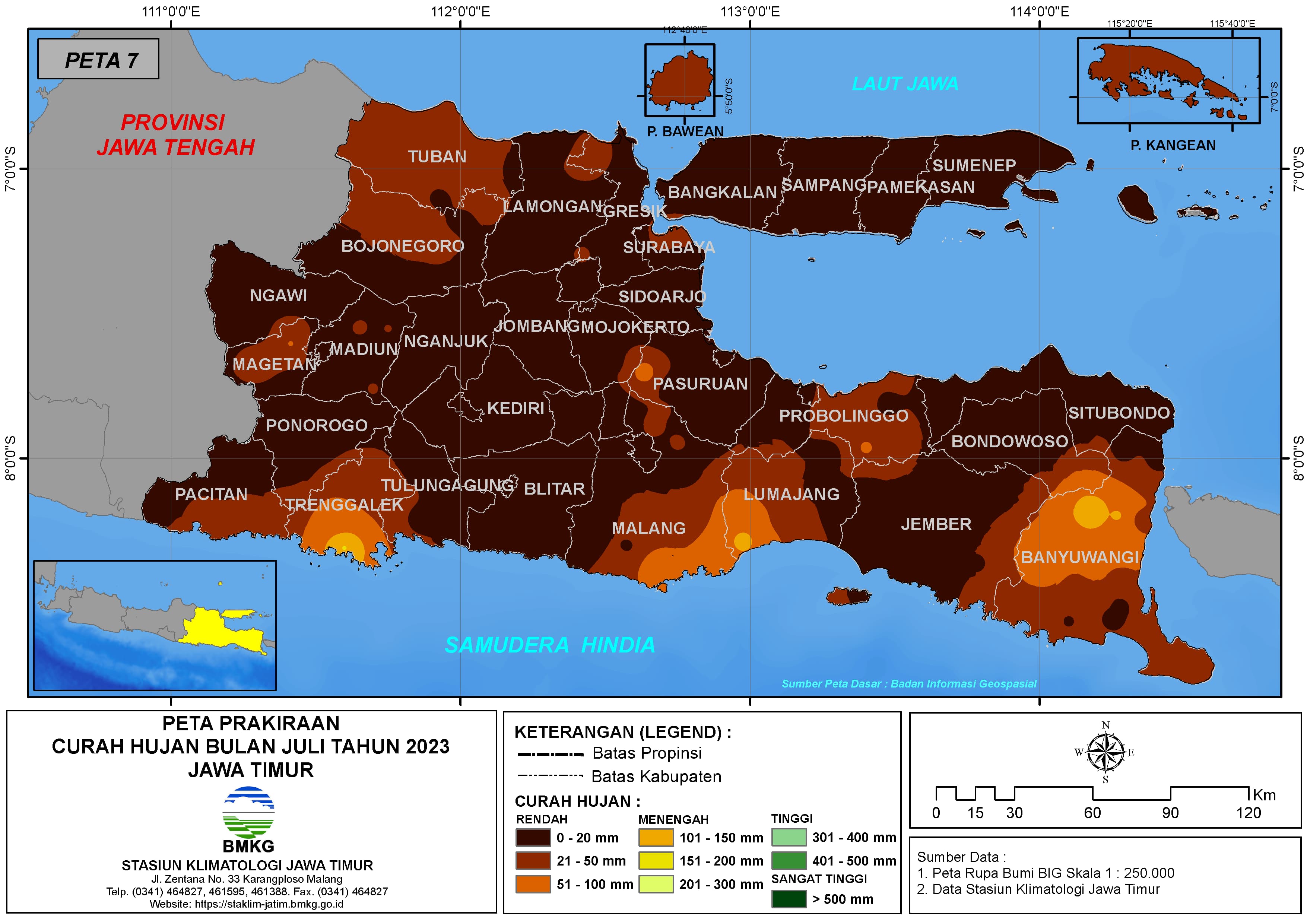 ( Prakiraan - Bulanan ) Curah Hujan Bulan JULI Tahun 2023 - Update dari Analisis Bulan April Tahun 2023 di Provinsi Jawa Timur