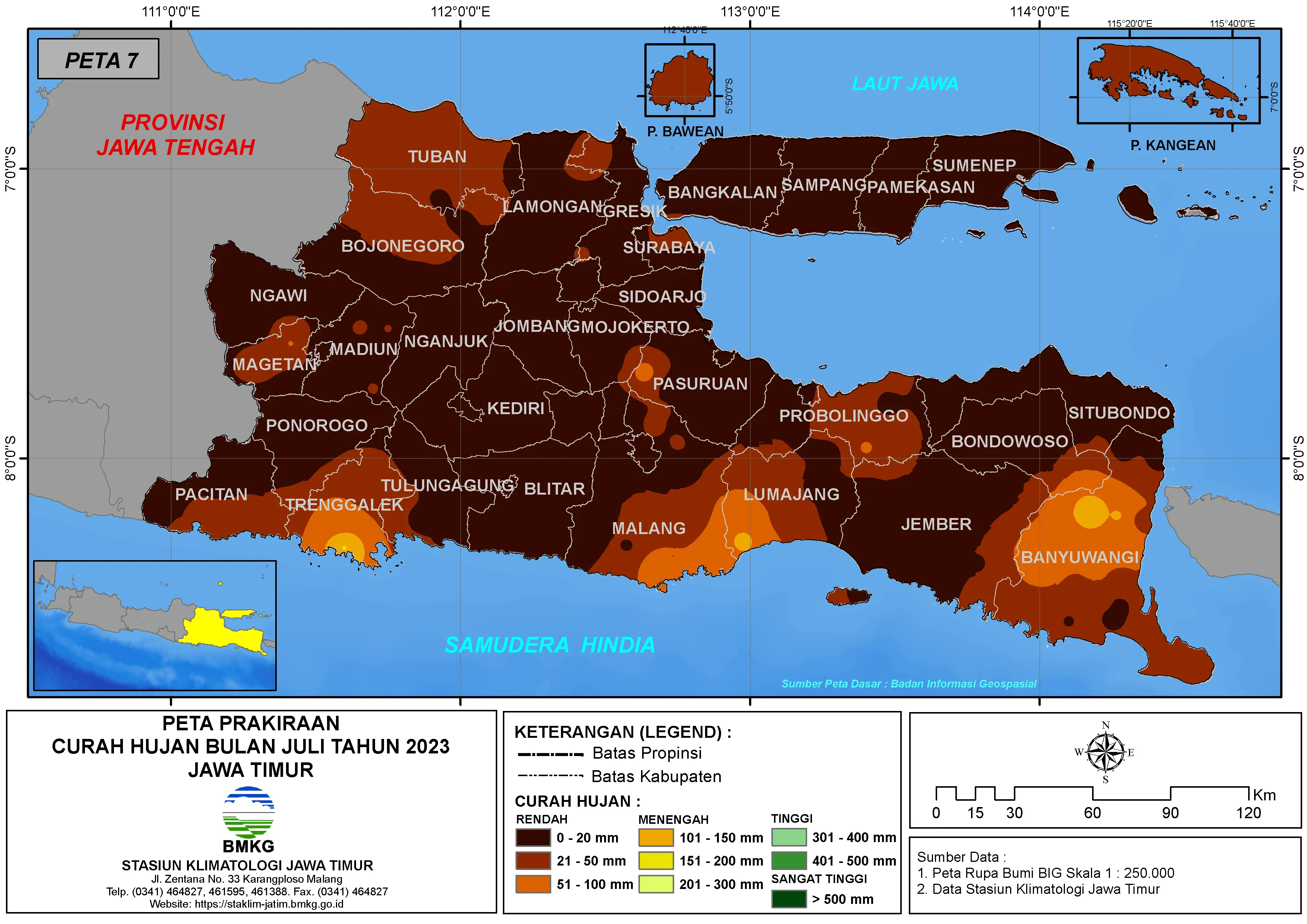 ( Prakiraan - Bulanan ) Curah Hujan Bulan JULI Tahun 2023 - Update dari Analisis Bulan April Tahun 2023 di Provinsi Jawa Timur
