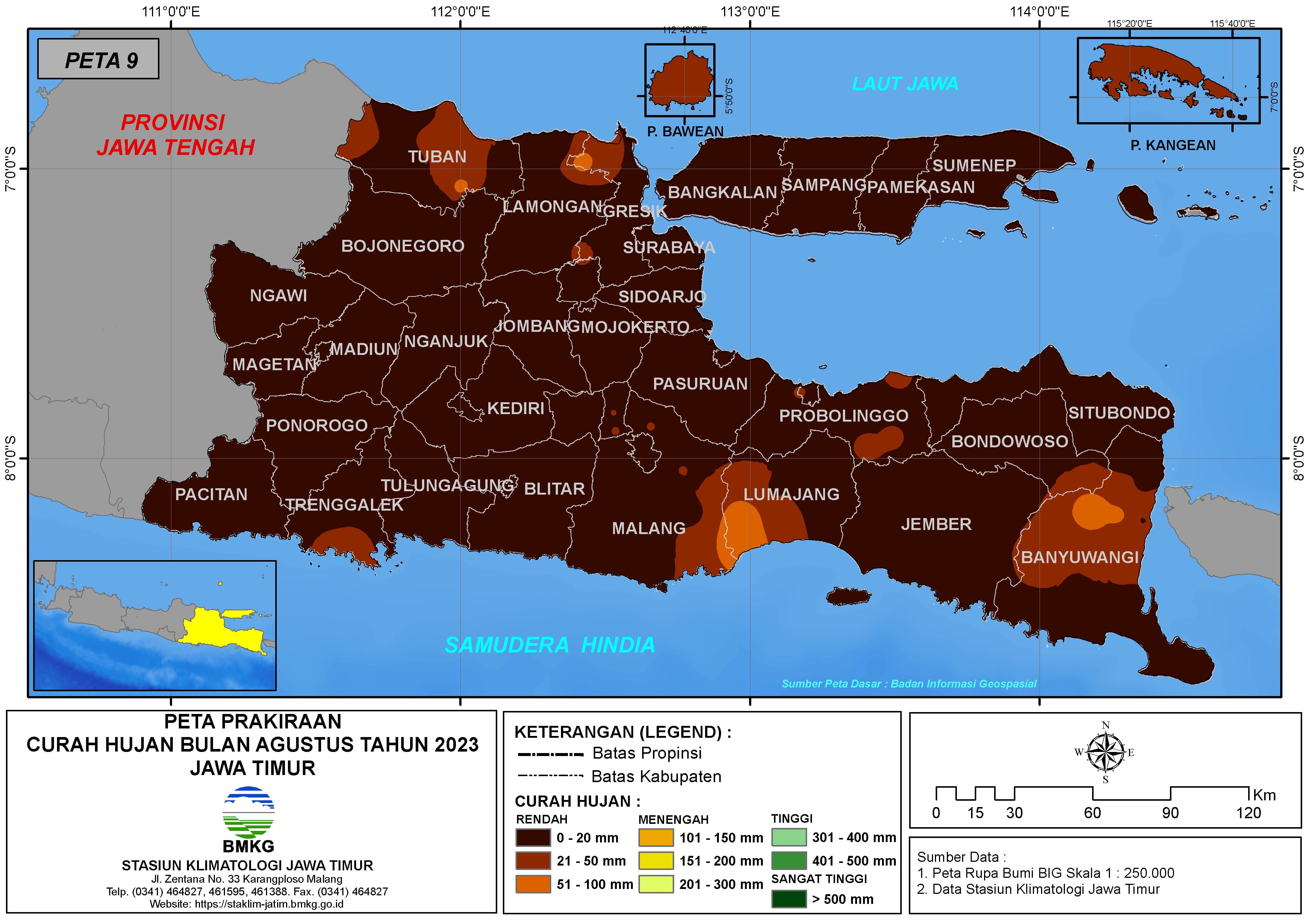 ( Prakiraan - Bulanan ) Curah Hujan Bulan AGUSTUS Tahun 2023 - Update dari Analisis Bulan April Tahun 2023 di Provinsi Jawa Timur