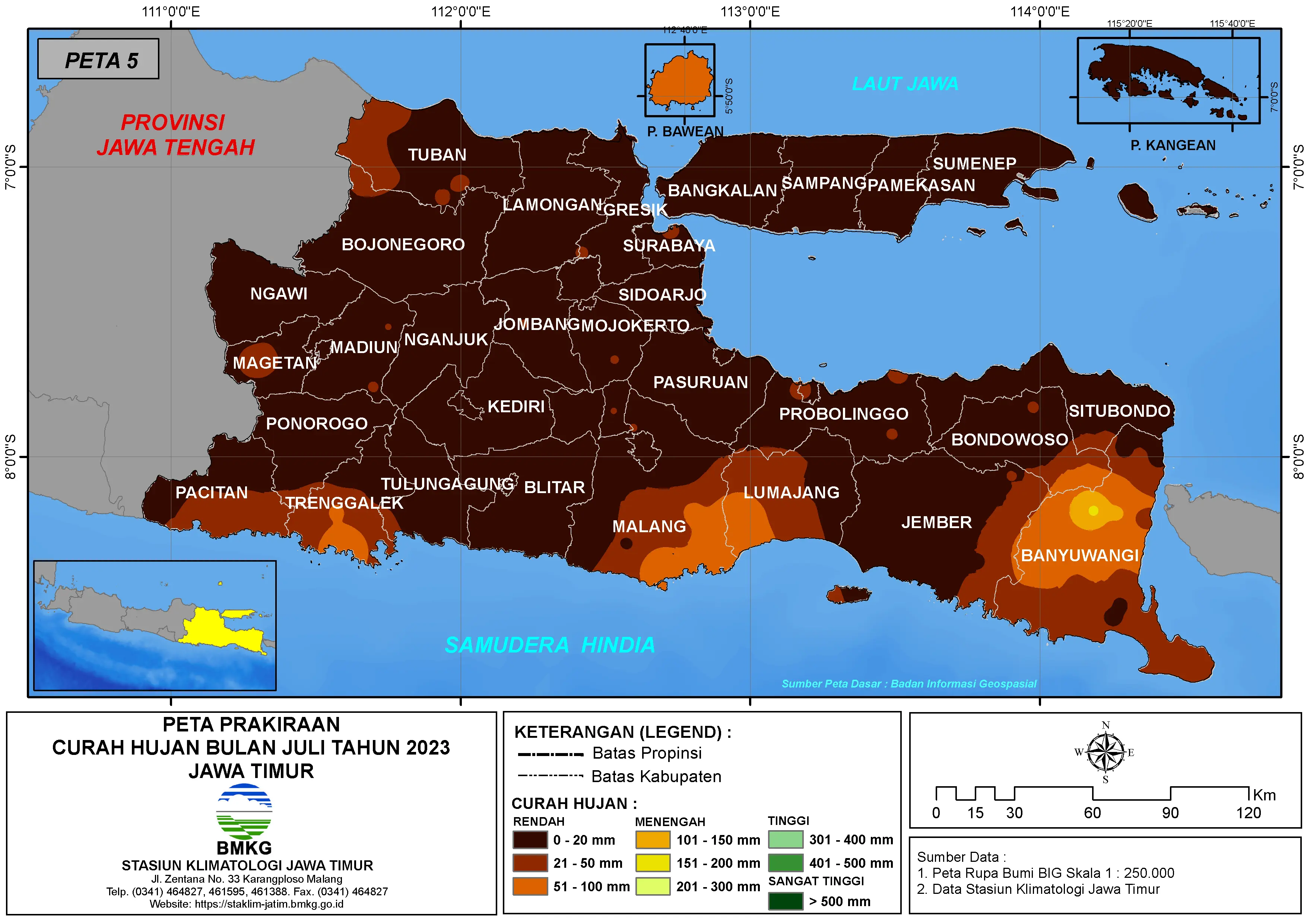 ( Prakiraan - Bulanan ) Curah Hujan Bulan JULI Tahun 2023 - Update dari Analisis Bulan Mei Tahun 2023 di Provinsi Jawa Timur