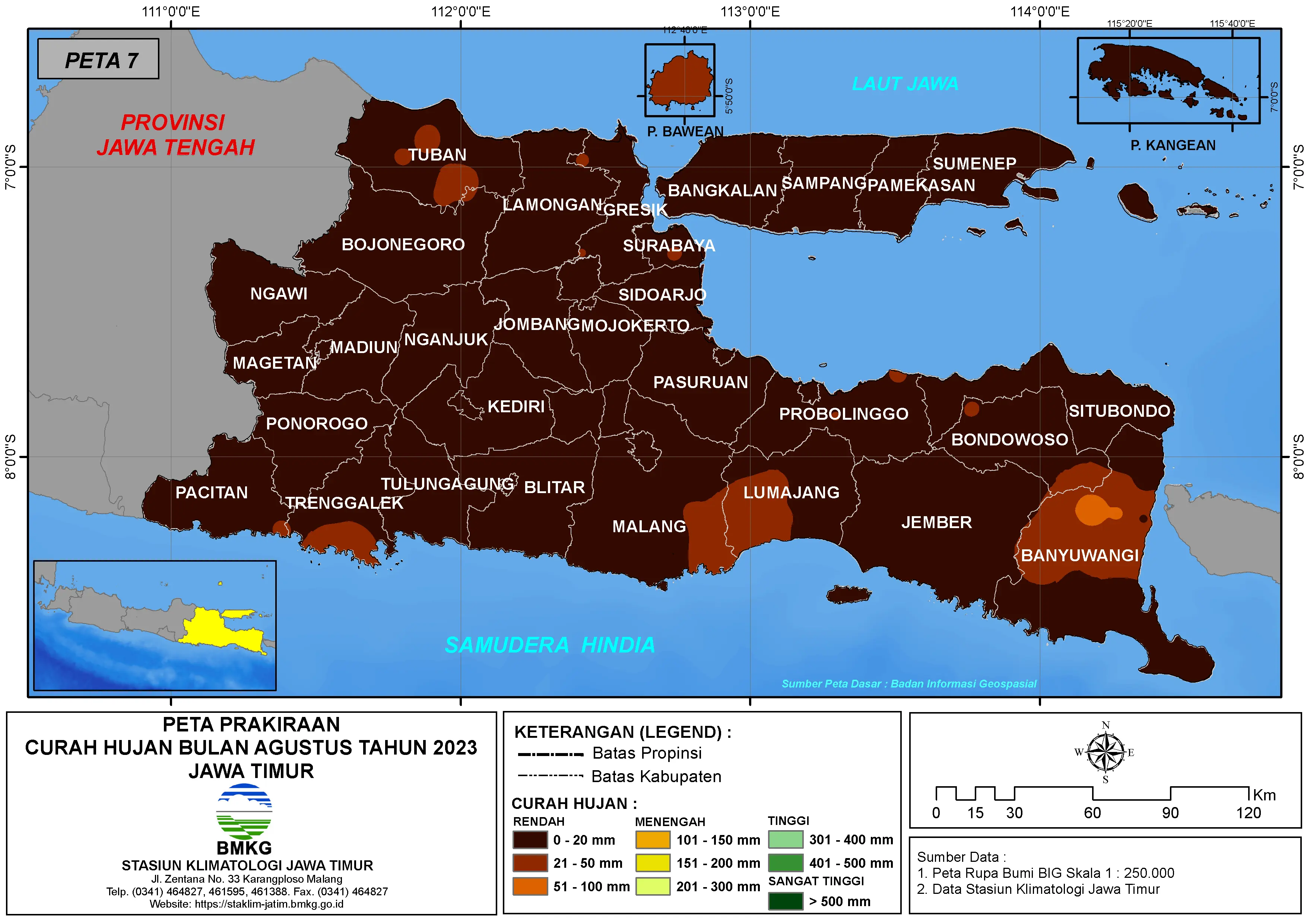 ( Prakiraan - Bulanan ) Curah Hujan Bulan AGUSTUS Tahun 2023 - Update dari Analisis Bulan Mei Tahun 2023 di Provinsi Jawa Timur