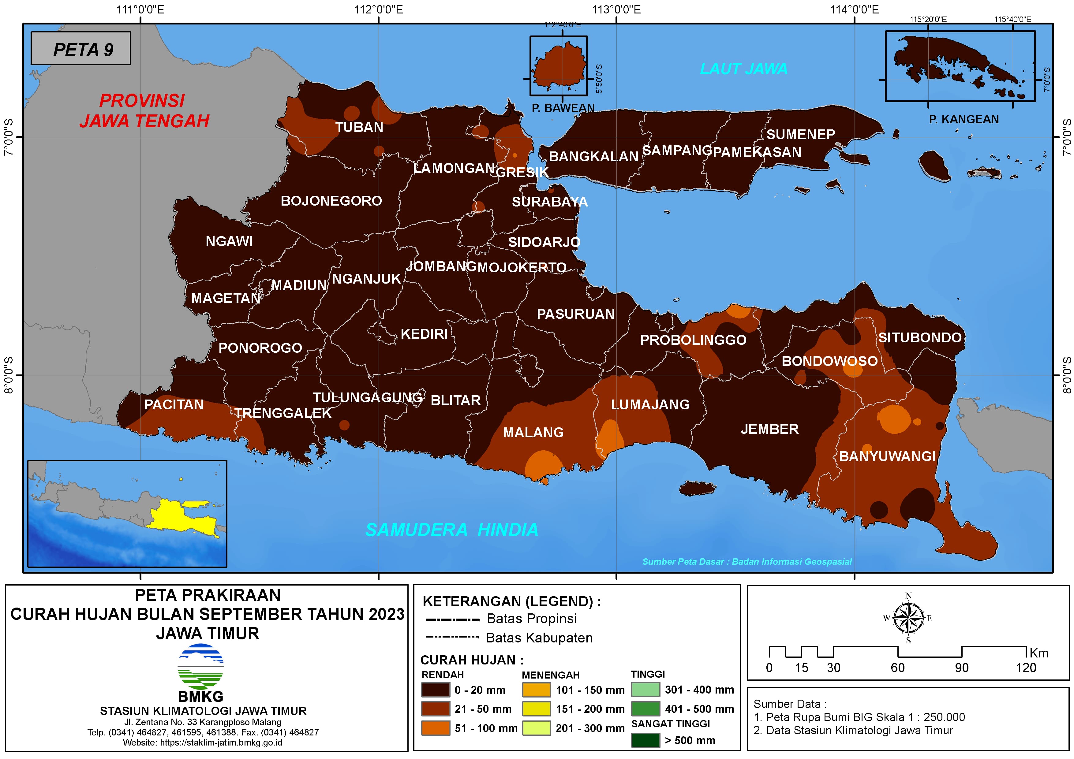( Prakiraan - Bulanan ) Curah Hujan Bulan SEPTEMBER Tahun 2023 - Update dari Analisis Bulan Mei Tahun 2023 di Provinsi Jawa Timur