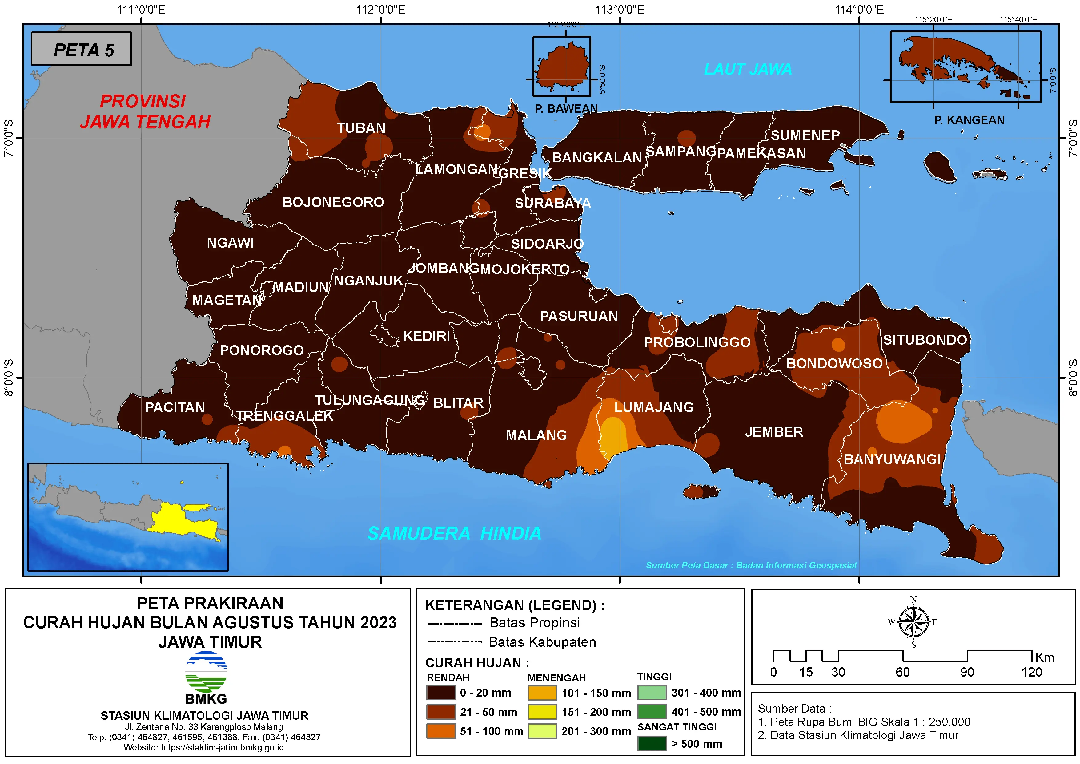 ( Prakiraan - Bulanan ) Curah Hujan Bulan AGUSTUS Tahun 2023 - Update dari Analisis Bulan Juni Tahun 2023 di Provinsi Jawa Timur