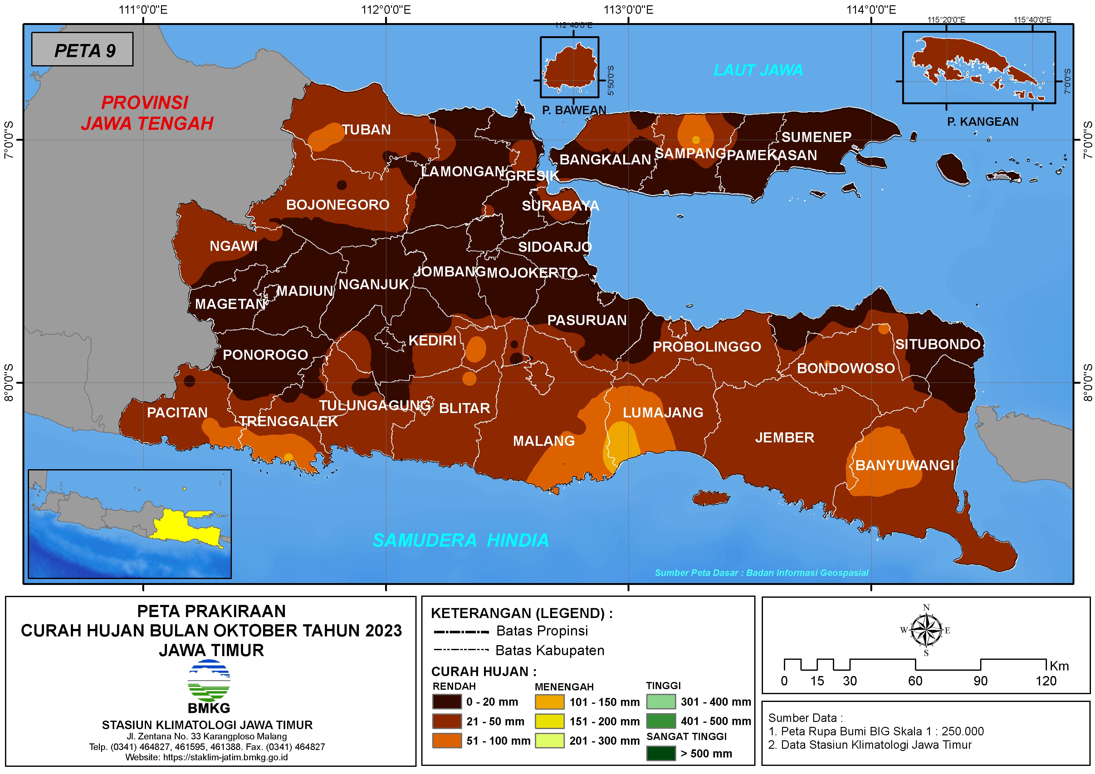 ( Prakiraan - Bulanan ) Curah Hujan Bulan OKTOBER Tahun 2023 - Update dari Analisis Bulan Juni Tahun 2023 di Provinsi Jawa Timur