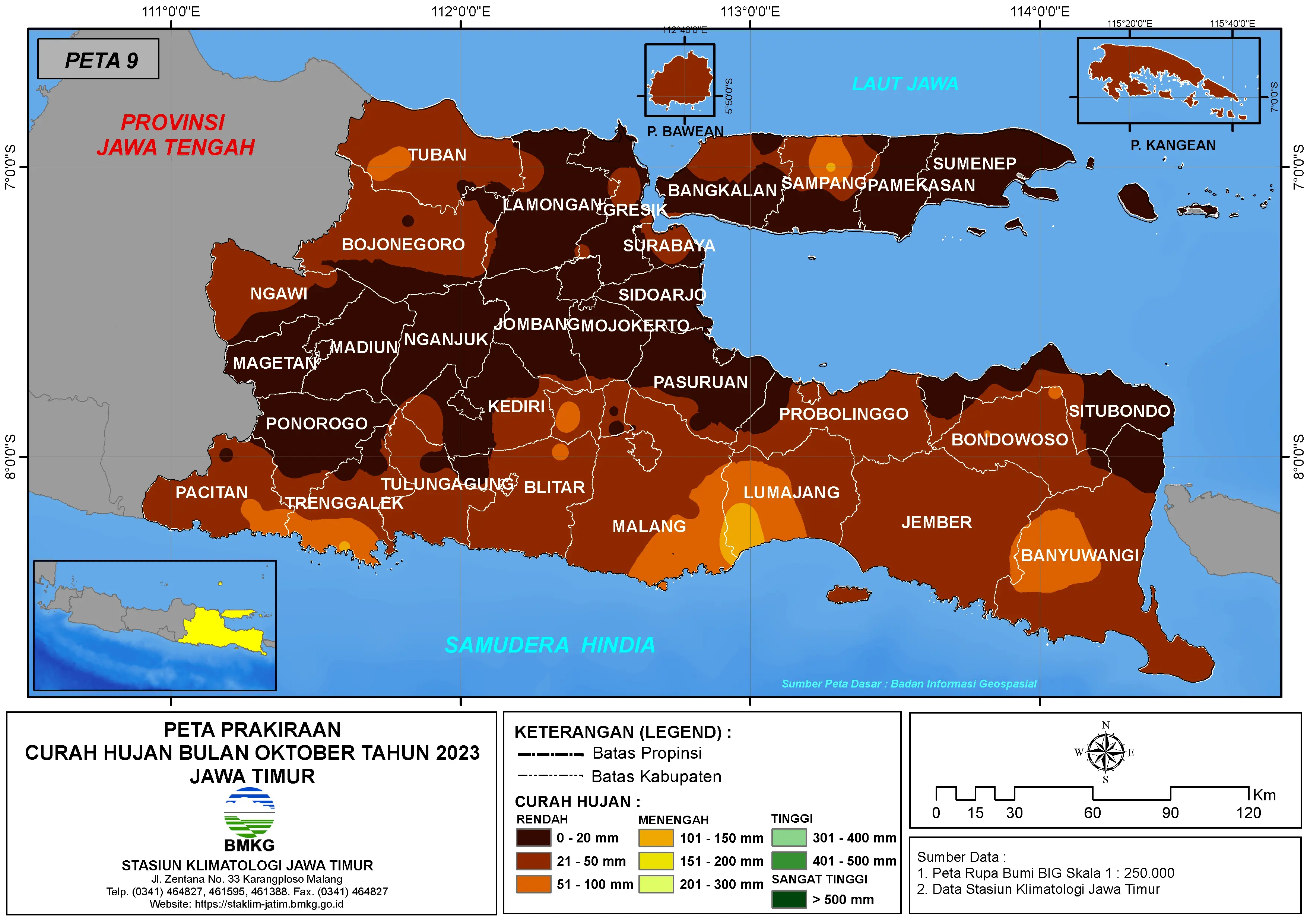 ( Prakiraan - Bulanan ) Curah Hujan Bulan OKTOBER Tahun 2023 - Update dari Analisis Bulan Juni Tahun 2023 di Provinsi Jawa Timur