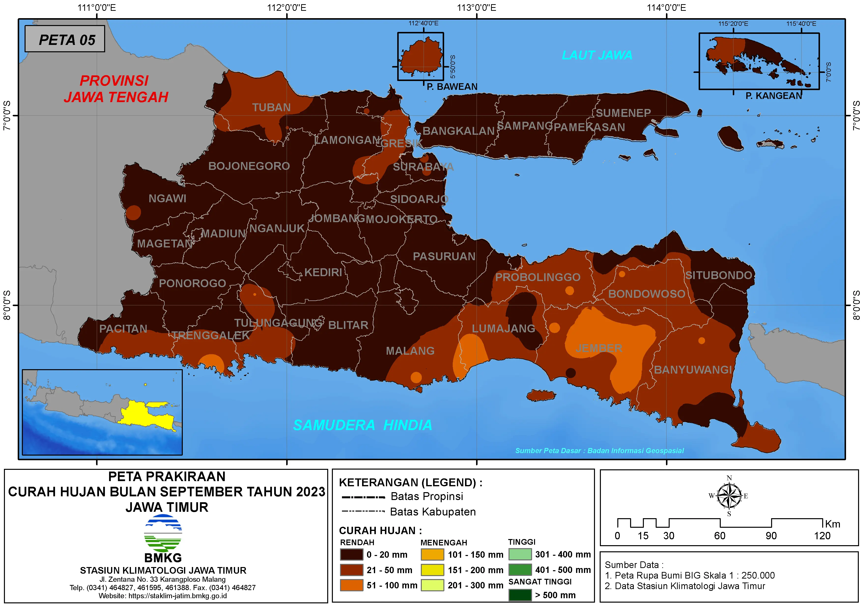 ( Prakiraan - Bulanan ) Curah Hujan Bulan SEPTEMBER Tahun 2023 - Update dari Analisis Bulan Juli Tahun 2023 di Provinsi Jawa Timur