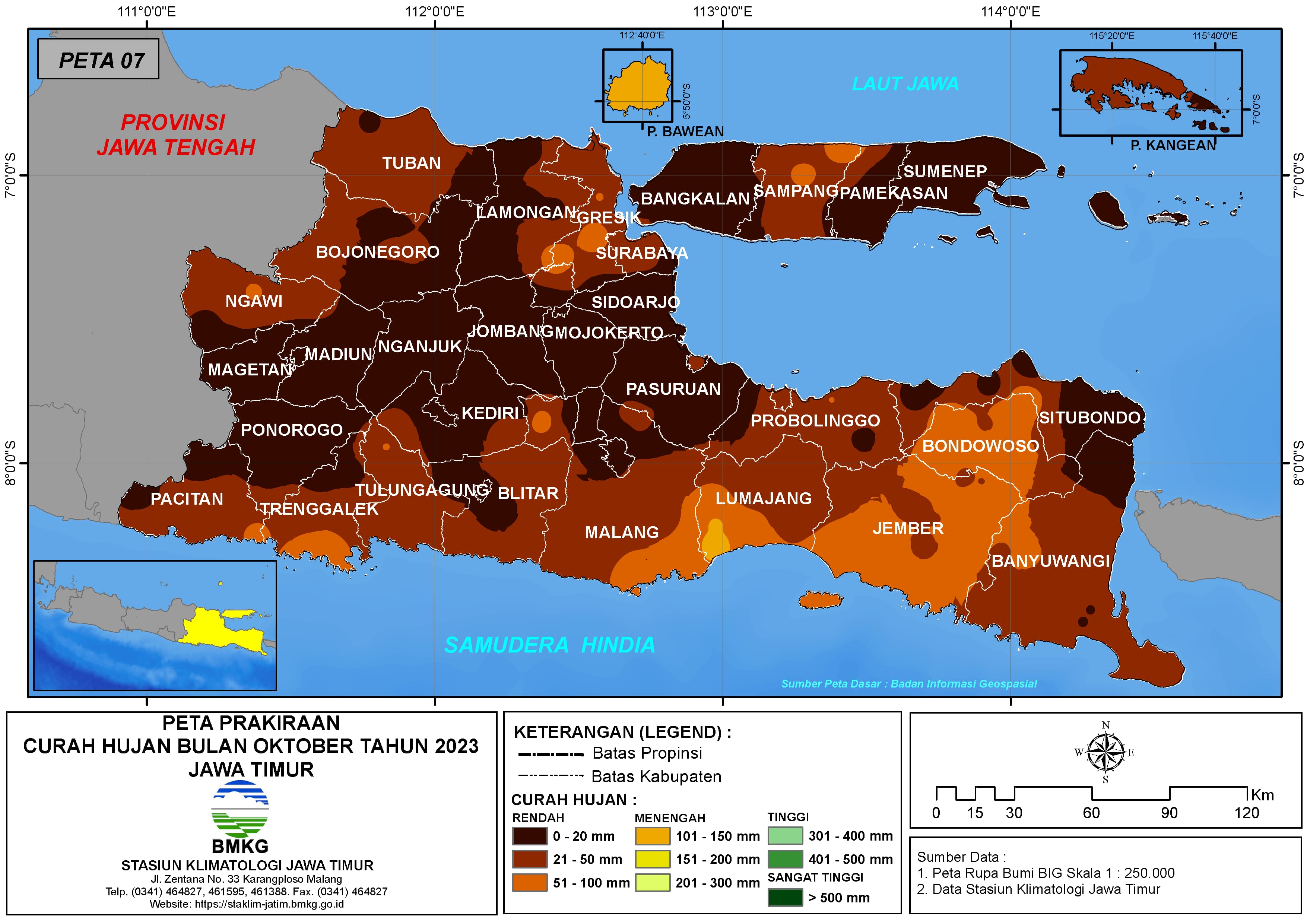 ( Prakiraan - Bulanan ) Curah Hujan Bulan OKTOBER Tahun 2023 - Update dari Analisis Bulan Juli Tahun 2023 di Provinsi Jawa Timur