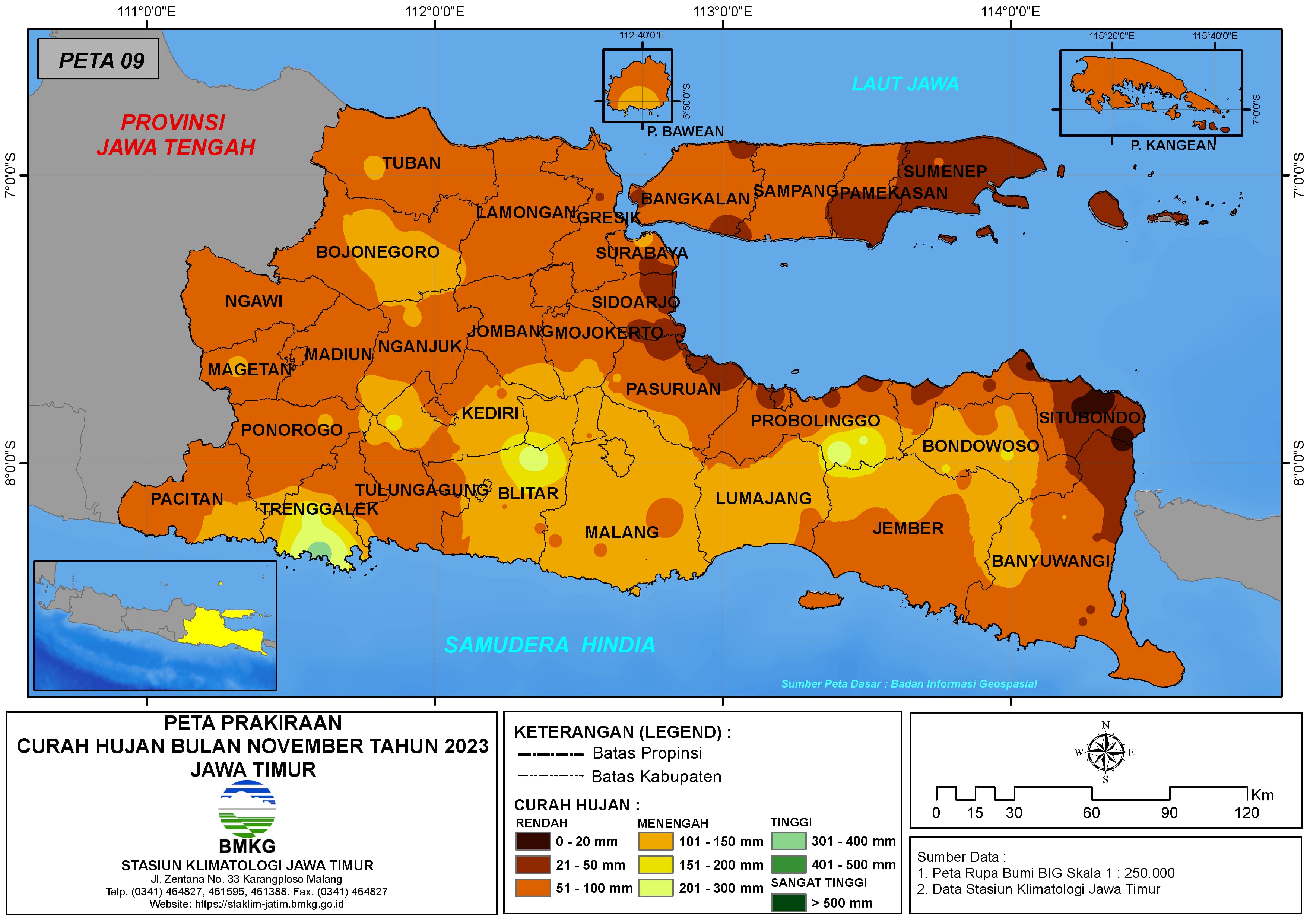 ( Prakiraan - Bulanan ) Curah Hujan Bulan NOVEMBER Tahun 2023 - Update dari Analisis Bulan Juli Tahun 2023 di Provinsi Jawa Timur