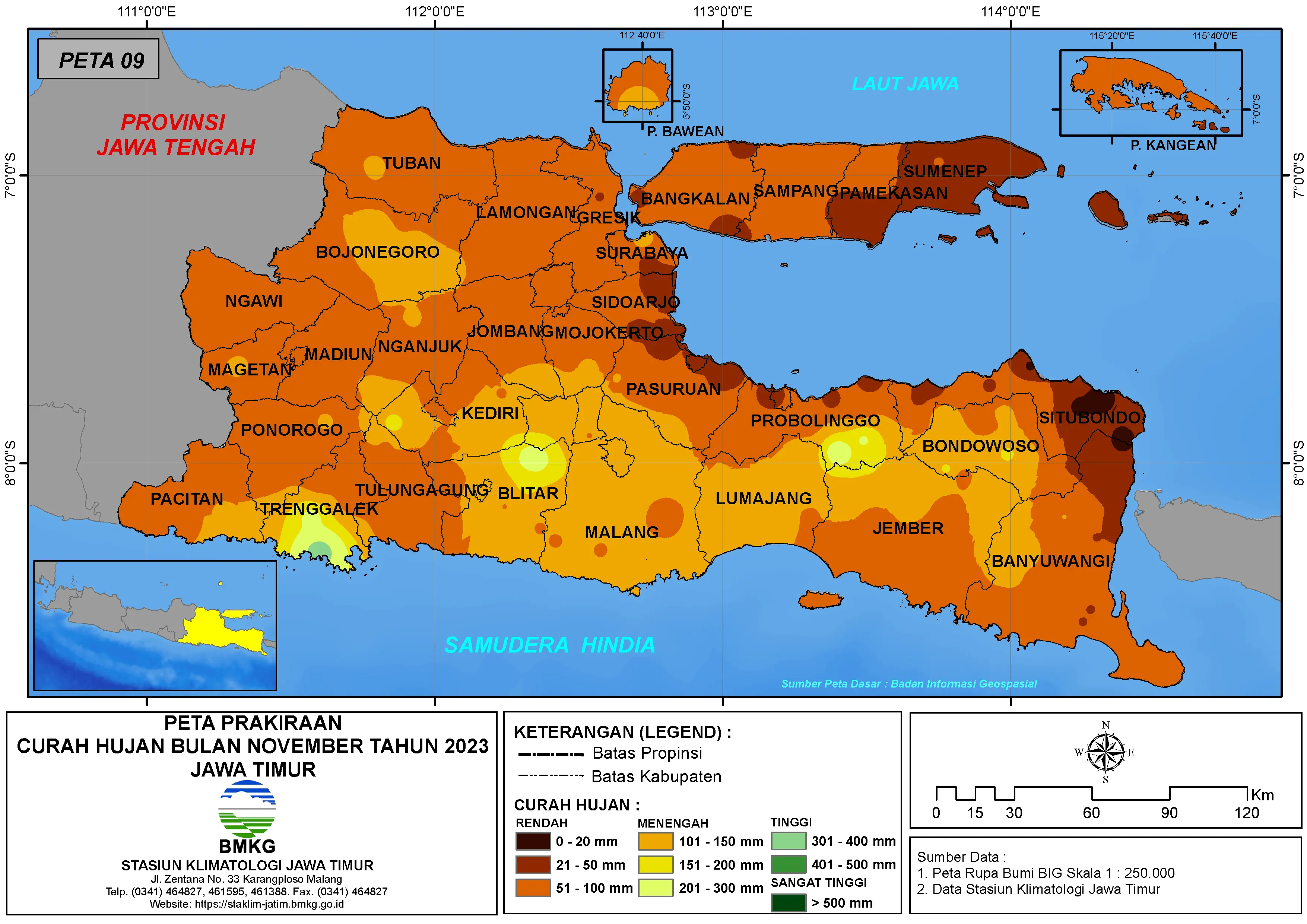 ( Prakiraan - Bulanan ) Curah Hujan Bulan NOVEMBER Tahun 2023 - Update dari Analisis Bulan Juli Tahun 2023 di Provinsi Jawa Timur