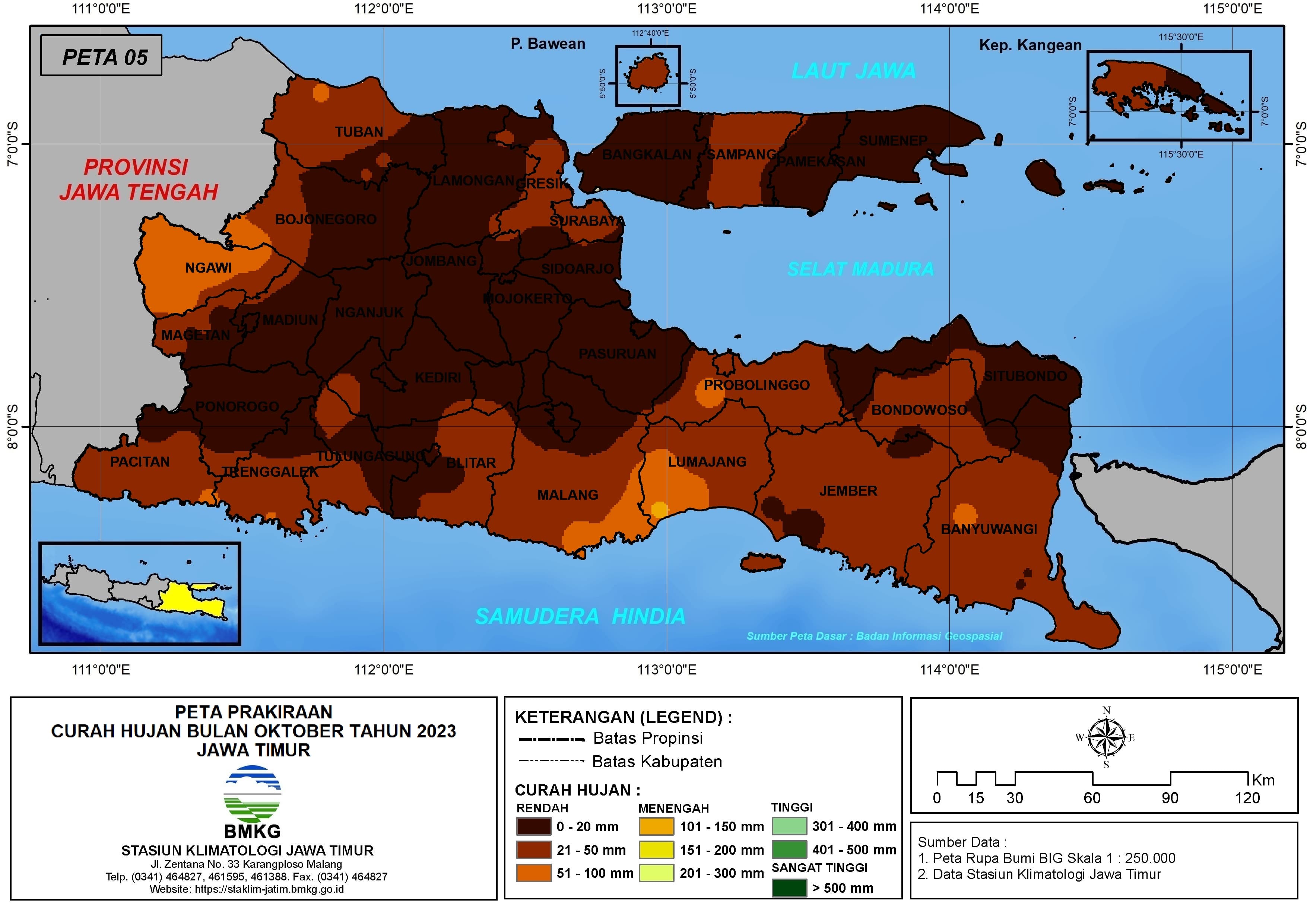 ( Prakiraan - Bulanan ) Curah Hujan Bulan OKTOBER Tahun 2023 - Update dari Analisis Bulan Agustus Tahun 2023 di Provinsi Jawa Timur